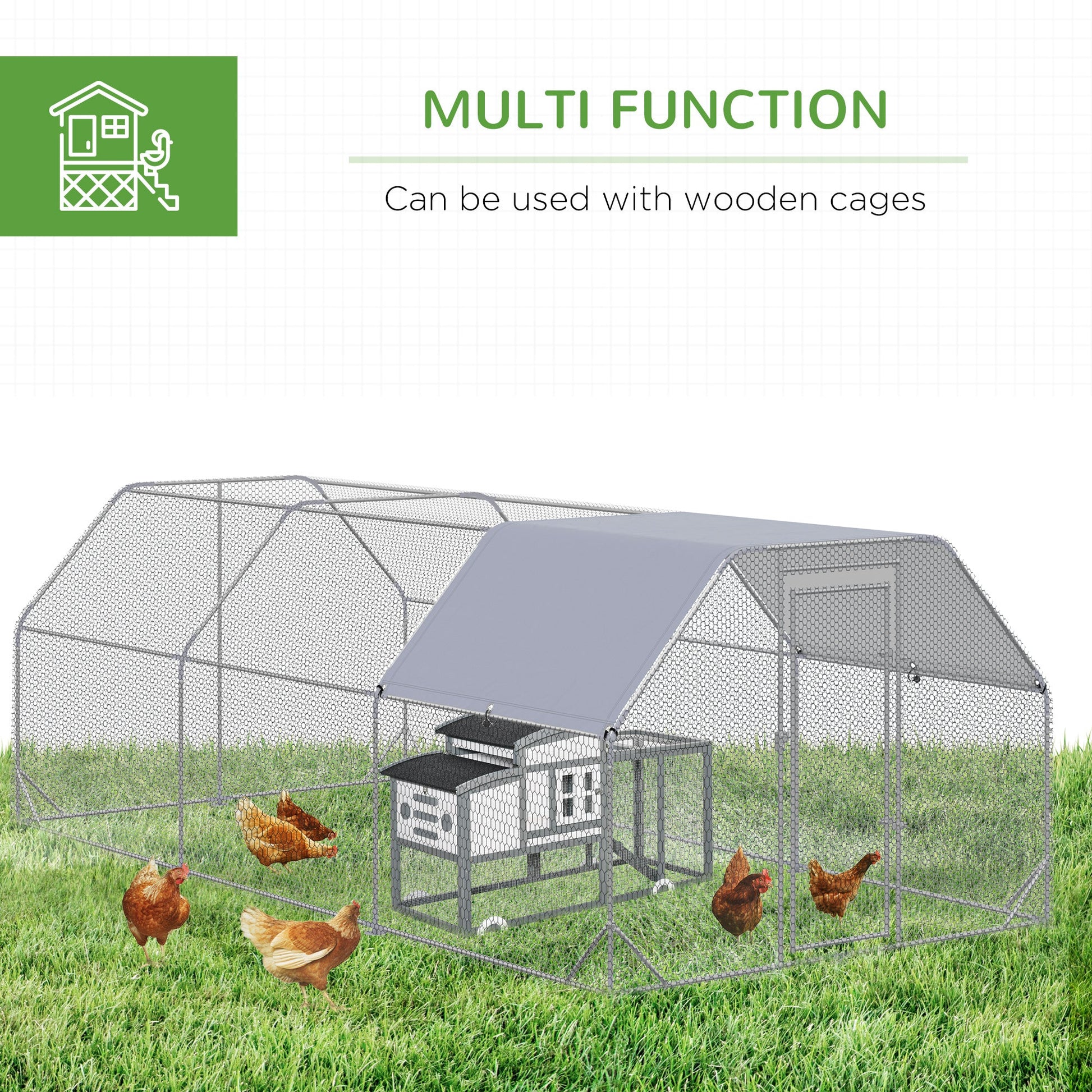 Chicken Run, Galvanized Large Metal Chicken Coop Cage, Walk-in Enclosure Poultry Hen Run House Playpen Rabbit Hutch with Flat Roof, Cover, for Outdoor Backyard, 9.2' x 18.7' x 6.5', Silver