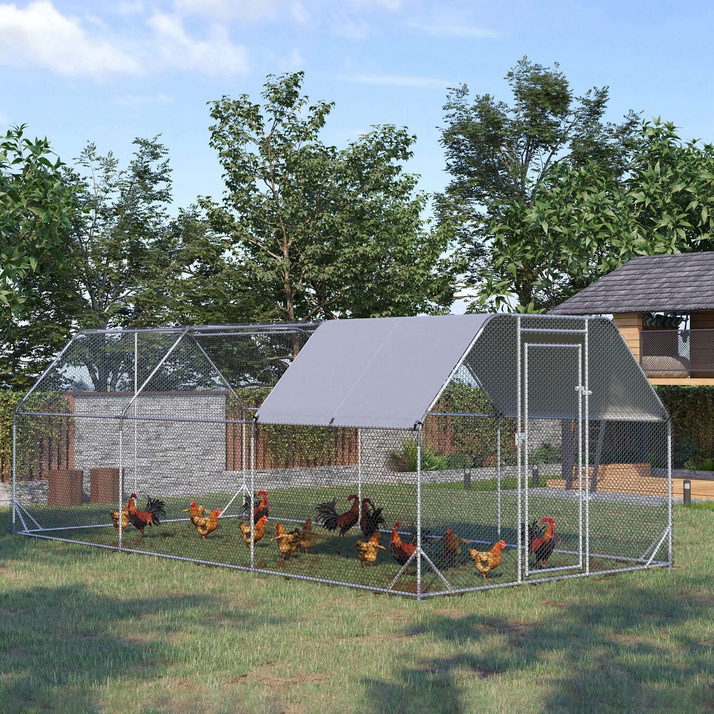 Chicken Run, Galvanized Large Metal Chicken Coop Cage, Walk-in Enclosure Poultry Hen Run House Playpen Rabbit Hutch with Flat Roof, Cover, for Outdoor Backyard, 9.2' x 18.7' x 6.5', Silver