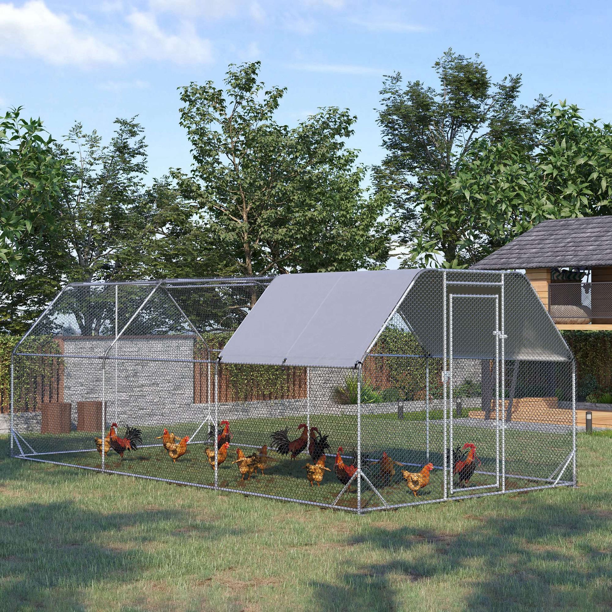 Chicken Run, Galvanized Large Metal Chicken Coop Cage, Walk-in Enclosure Poultry Hen Run House Playpen Rabbit Hutch with Flat Roof, Cover, for Outdoor Backyard, 9.2' x 18.7' x 6.5', Silver