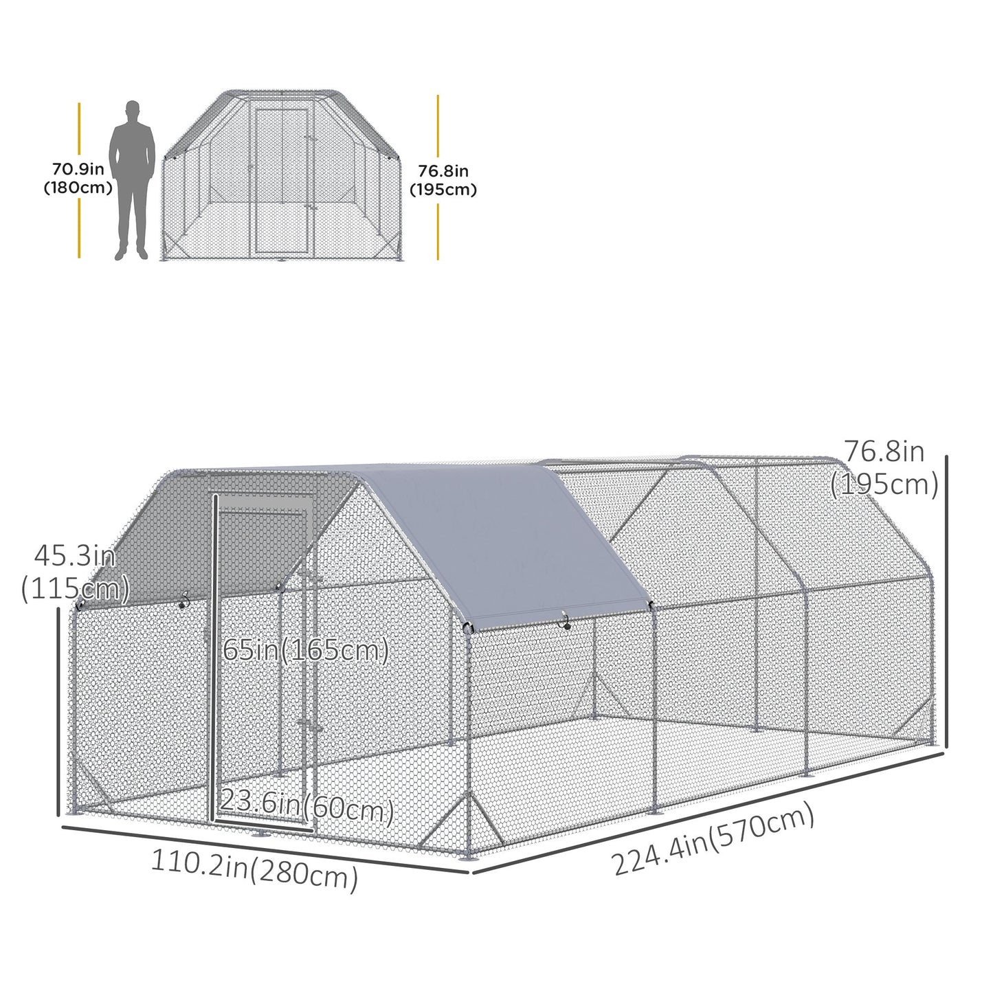 Chicken Run, Galvanized Large Metal Chicken Coop Cage, Walk-in Enclosure Poultry Hen Run House Playpen Rabbit Hutch with Flat Roof, Cover, for Outdoor Backyard, 9.2' x 18.7' x 6.5', Silver