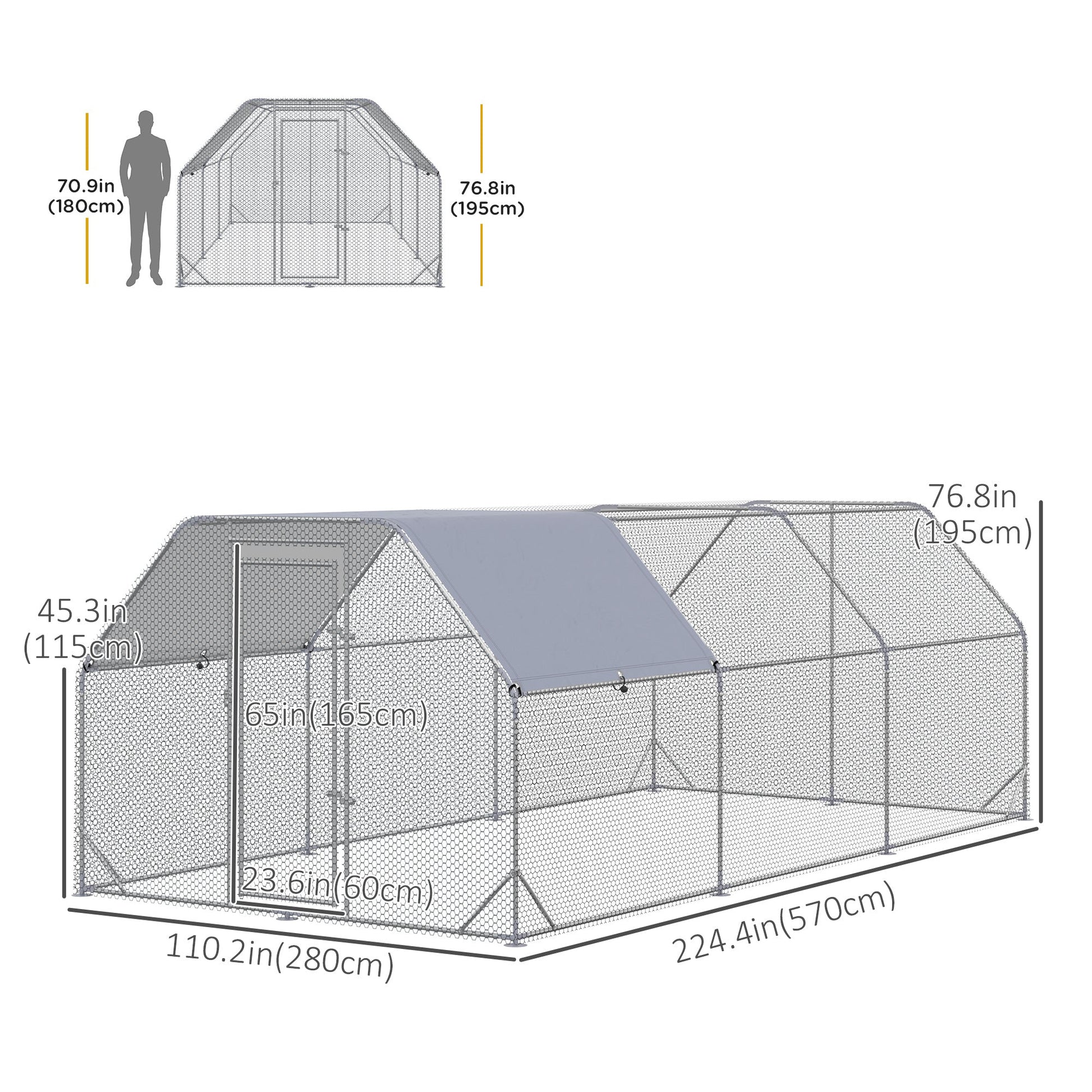 Chicken Run, Galvanized Large Metal Chicken Coop Cage, Walk-in Enclosure Poultry Hen Run House Playpen Rabbit Hutch with Flat Roof, Cover, for Outdoor Backyard, 9.2' x 18.7' x 6.5', Silver