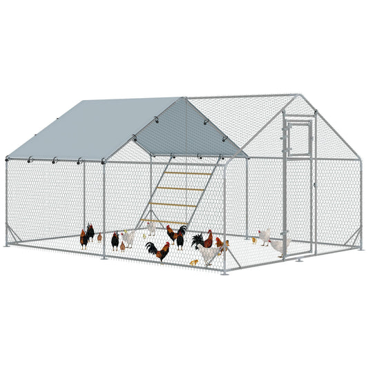 Chicken Run, Large Metal Chicken Coop with Feeding Door, Waterproof & UV-Resistant Cover, Hanging Feeder, Perch, Poultry Cage for Outdoor, Backyard, Farm, for 12-18 Chickens