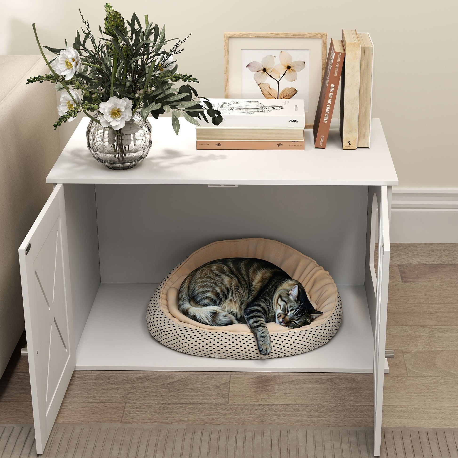 Cat Litter Box Enclosure, Hidden Cat Litter Box Furniture with Double Doors, Hole, Pet House Side End Table, 31.5" x 19" x 20", White