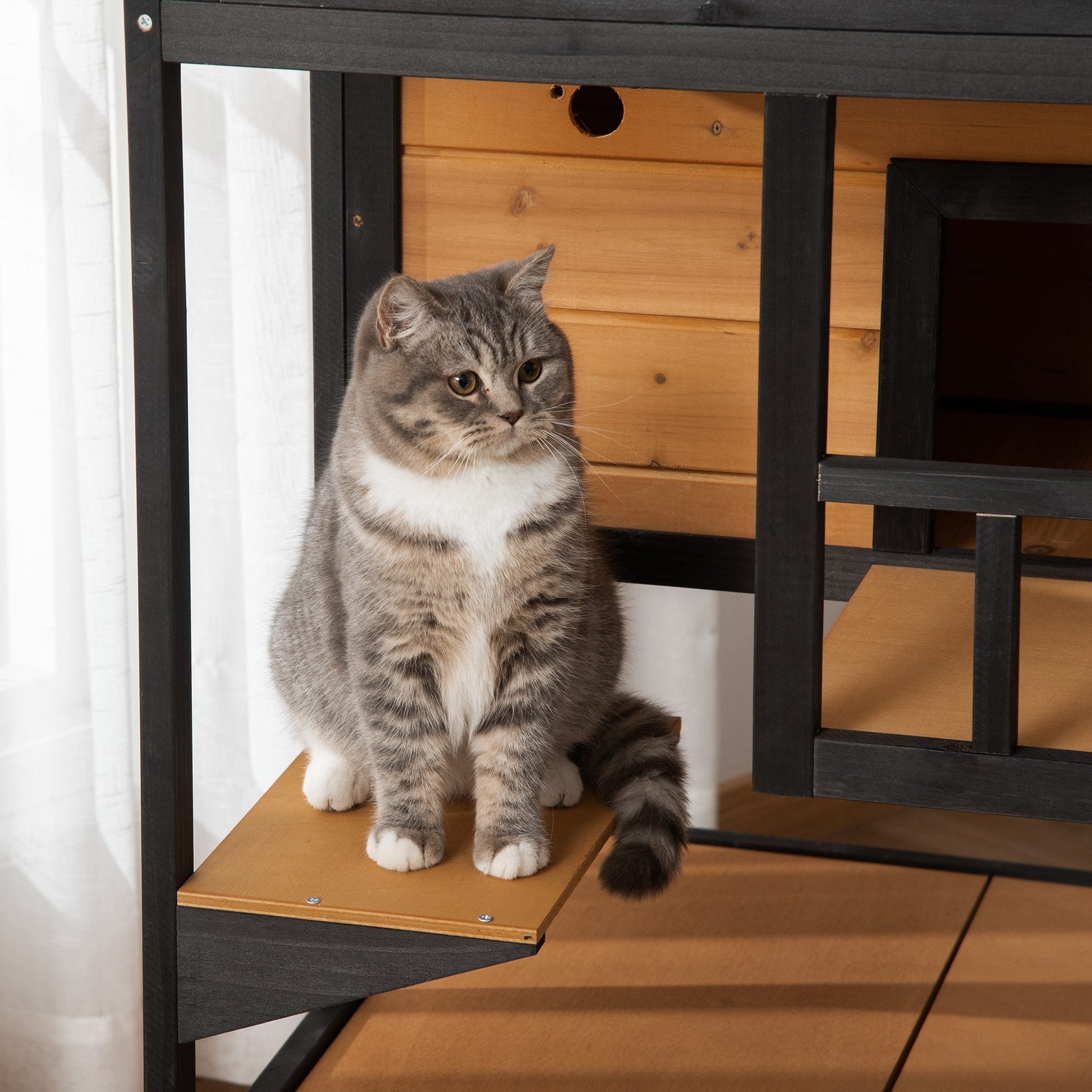 Outdoor Cat House, 4-Floor Wood Cat House for Feral Cats with Balcony, Condo, Fun Entrances, Perch, Natural