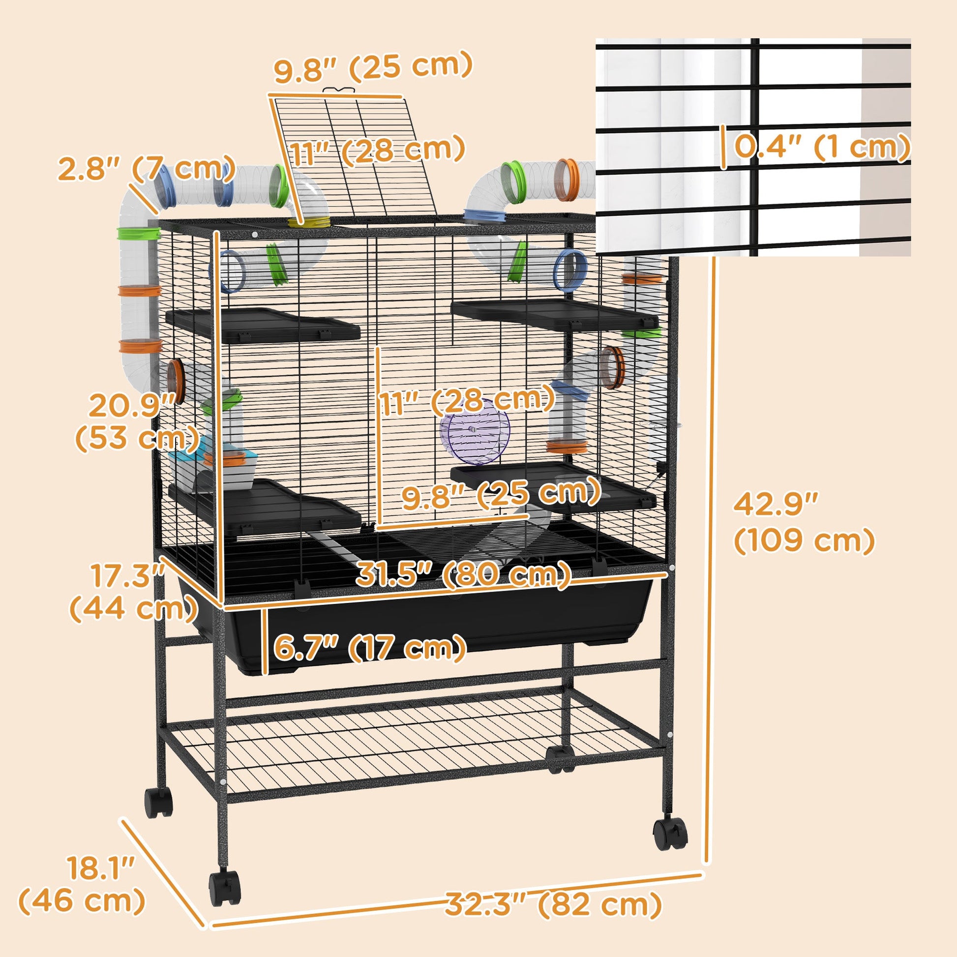 Large Hamster Cage with 7" Deep Tray, 43" Rolling Gerbil Cage with Storage Shelf, Big Exercise Wheel, Tube System, Hut, Platforms, Ramps, for Syrian, Gerbil, Rat