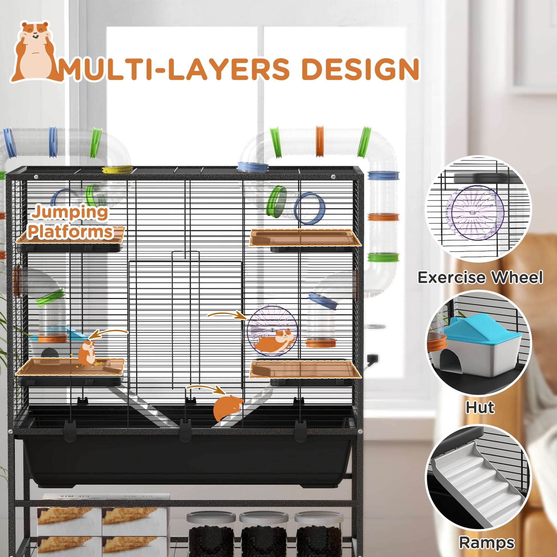 Large Hamster Cage with 7" Deep Tray, 43" Rolling Gerbil Cage with Storage Shelf, Big Exercise Wheel, Tube System, Hut, Platforms, Ramps, for Syrian, Gerbil, Rat