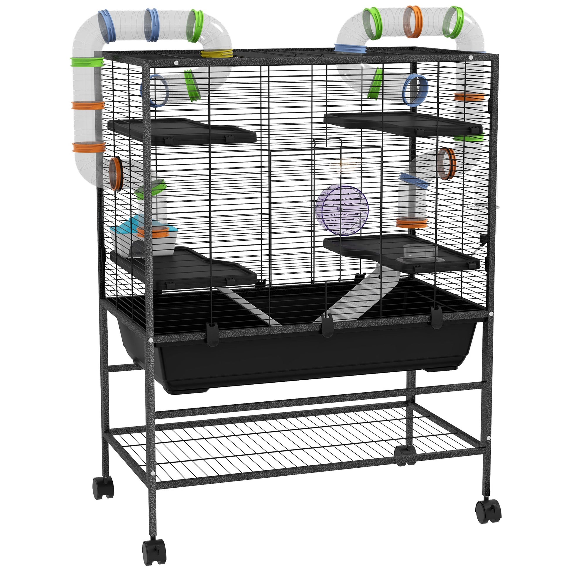 Large Hamster Cage with 7" Deep Tray, 43" Rolling Gerbil Cage with Storage Shelf, Big Exercise Wheel, Tube System, Hut, Platforms, Ramps, for Syrian, Gerbil, Rat