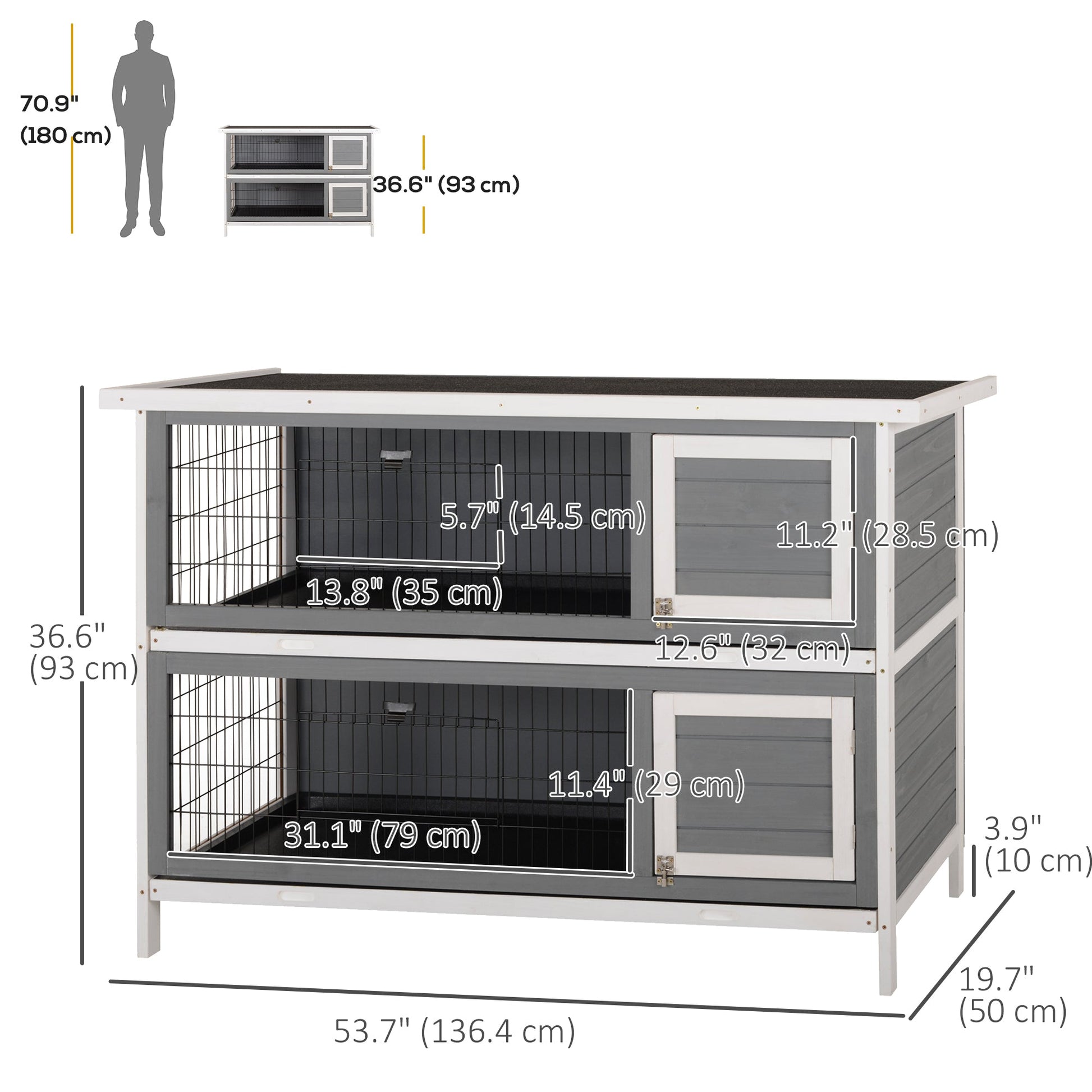 54"L 2-Story Large Rabbit Hutch Bunny Cage Wooden Pet House Small Animal Habitat with Lockable Doors, No Leak Tray and Waterproof Roof for Outdoor/Indoor Grey&White