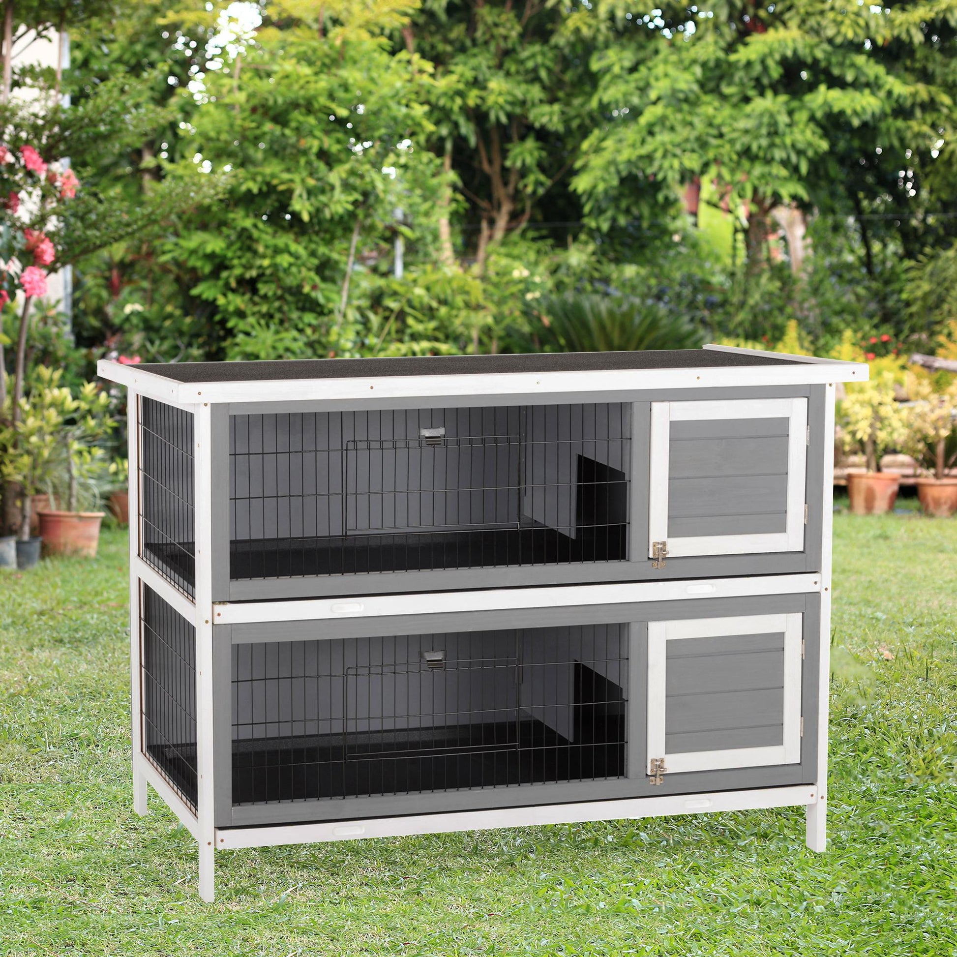54"L 2-Story Large Rabbit Hutch Bunny Cage Wooden Pet House Small Animal Habitat with Lockable Doors, No Leak Tray and Waterproof Roof for Outdoor/Indoor Grey&White