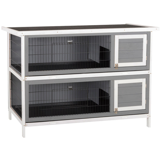 54"L 2-Story Large Rabbit Hutch Bunny Cage Wooden Pet House Small Animal Habitat with Lockable Doors, No Leak Tray and Waterproof Roof for Outdoor/Indoor Grey&White