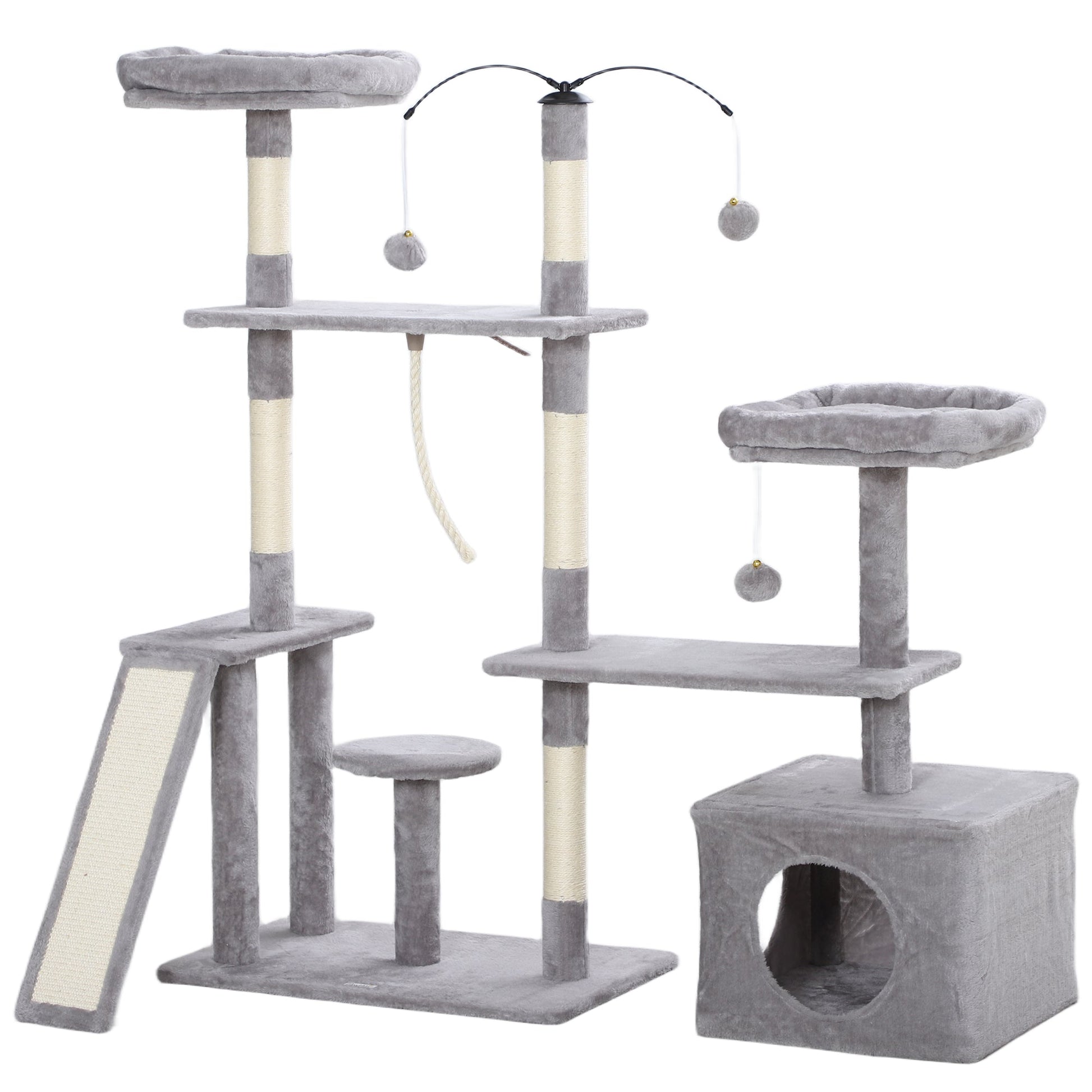 53" Cat Tree, Multi-Level Cat Tower for Indoor Cats with Sisal Scratching Posts, Cat Condo, Beds, Platforms, Ramp, Toy Balls, Cat Activity Center, Light Grey