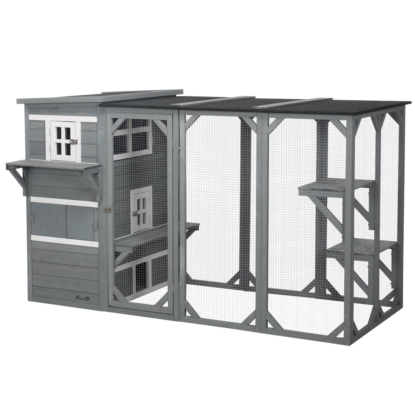 Wooden Cat Catio, 76"L Walk in Outdoor Cat House with Asphalt Roof, Platforms, Lockable Doors, 3-tier Resting Condo, Observation Window, for 2-3 Cats, Light Grey