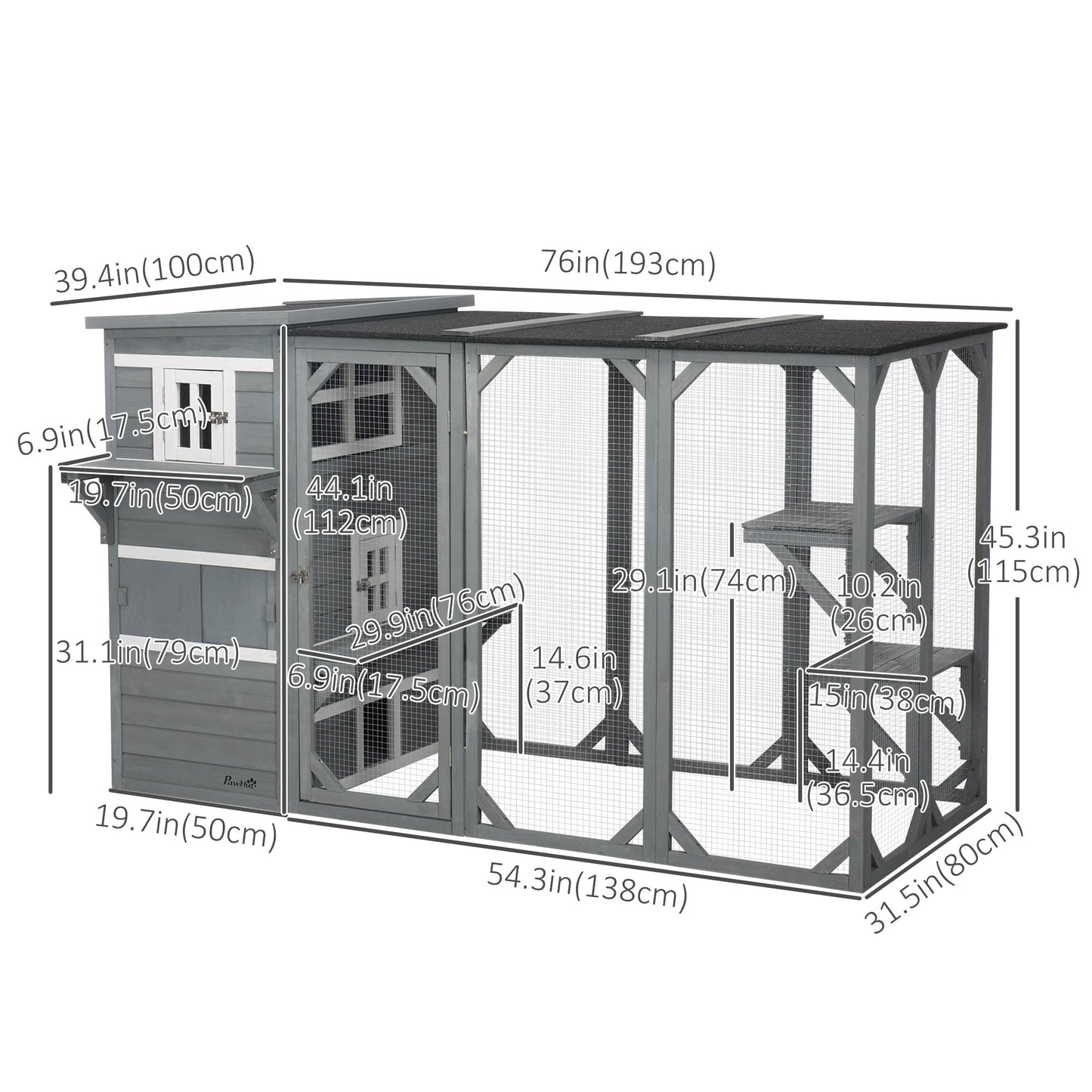 Wooden Cat Catio, 76"L Walk in Outdoor Cat House with Asphalt Roof, Platforms, Lockable Doors, 3-tier Resting Condo, Observation Window, for 2-3 Cats, Light Grey