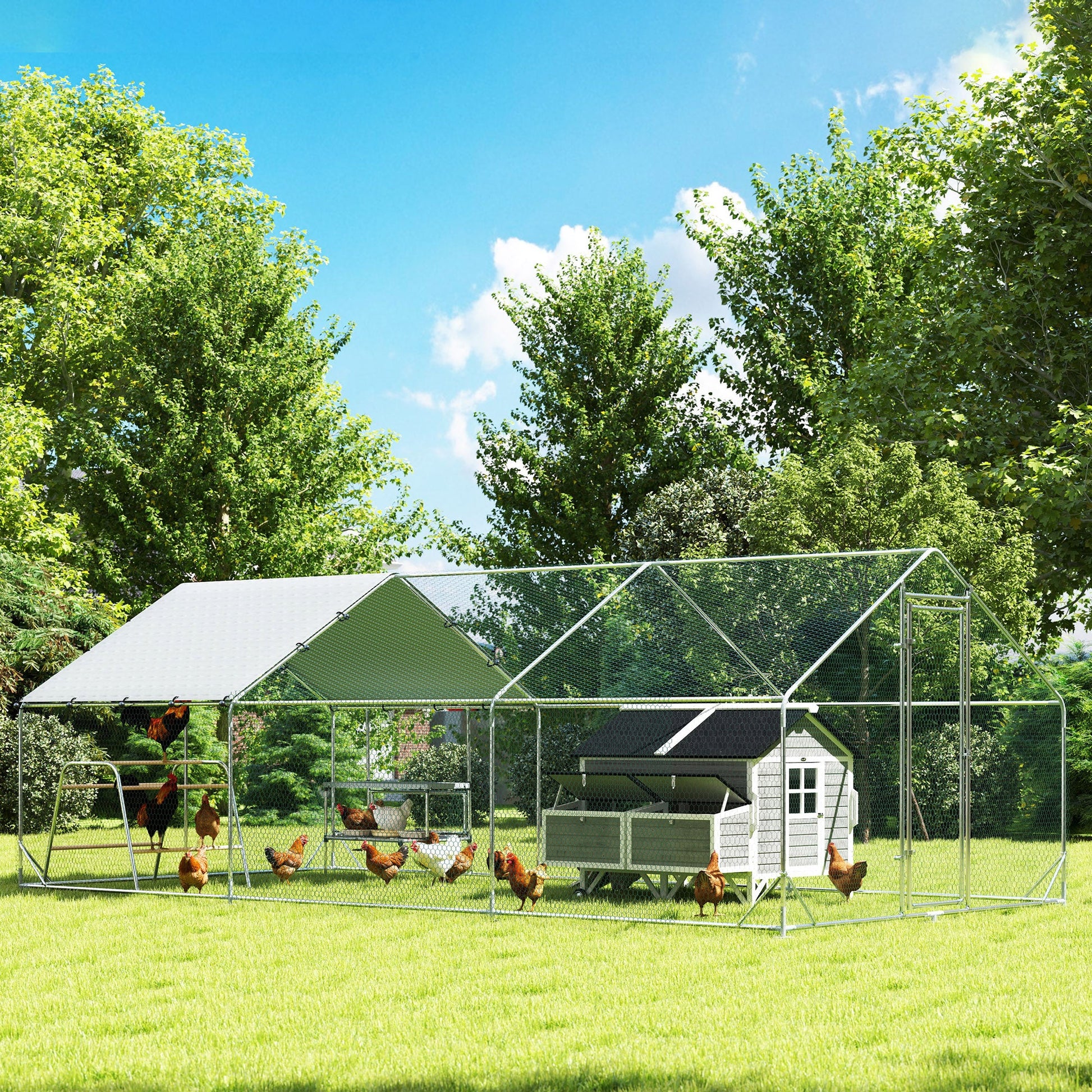Large Metal Chicken Coop with Nesting Box, 9.8 x 19.7 x 6.4 ft Walk in Chicken Run for Yard with Waterproof Cover, Roosting Bars, for 18-24 Hens, Ducks, Rabbits, Poultries