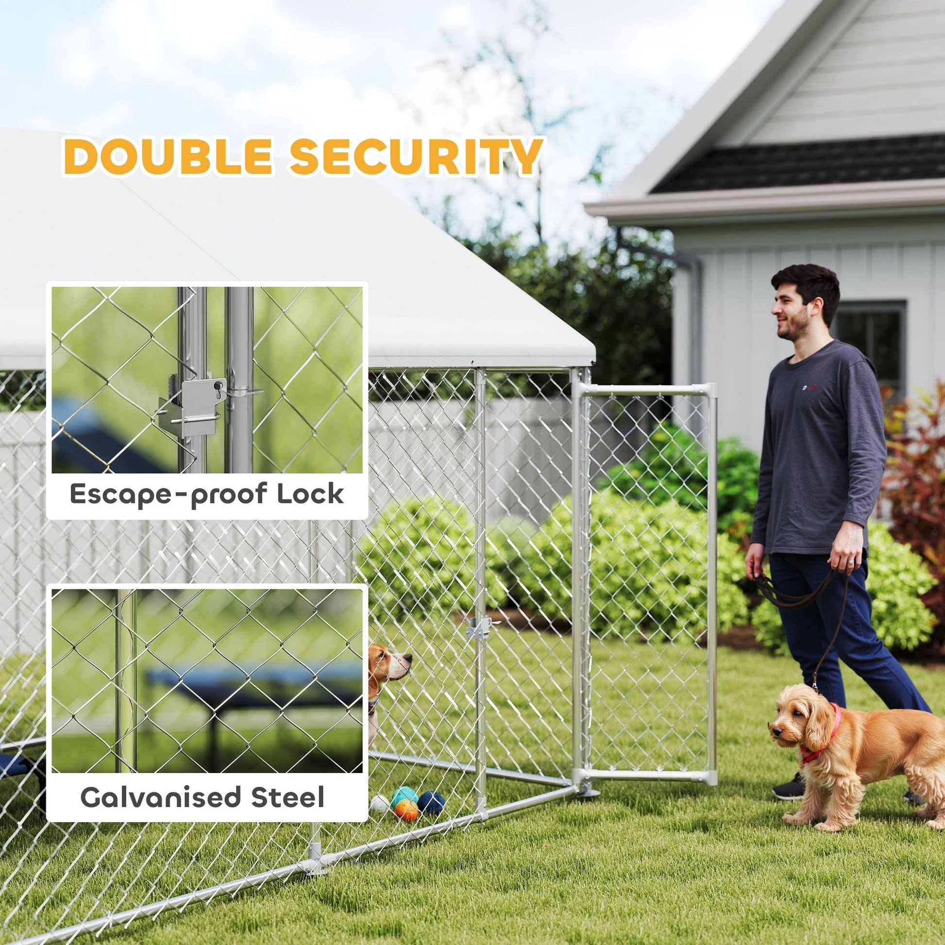 Outdoor Dog Kennel with Roof, Heavy Duty Galvanized Steel Dog Run Chain Link w/ Waterproof UV-Resistant Cover, Safety Lockable Latch System, 9.2' x 7.5' x 7.2'