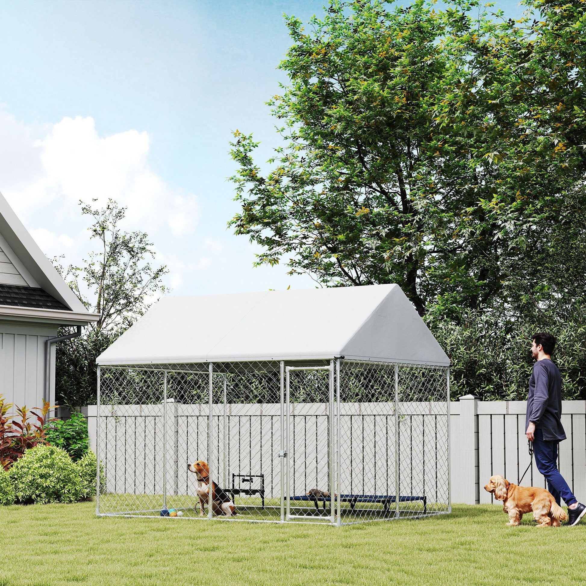 Outdoor Dog Kennel with Roof, Heavy Duty Galvanized Steel Dog Run Chain Link w/ Waterproof UV-Resistant Cover, Safety Lockable Latch System, 9.2' x 7.5' x 7.2'