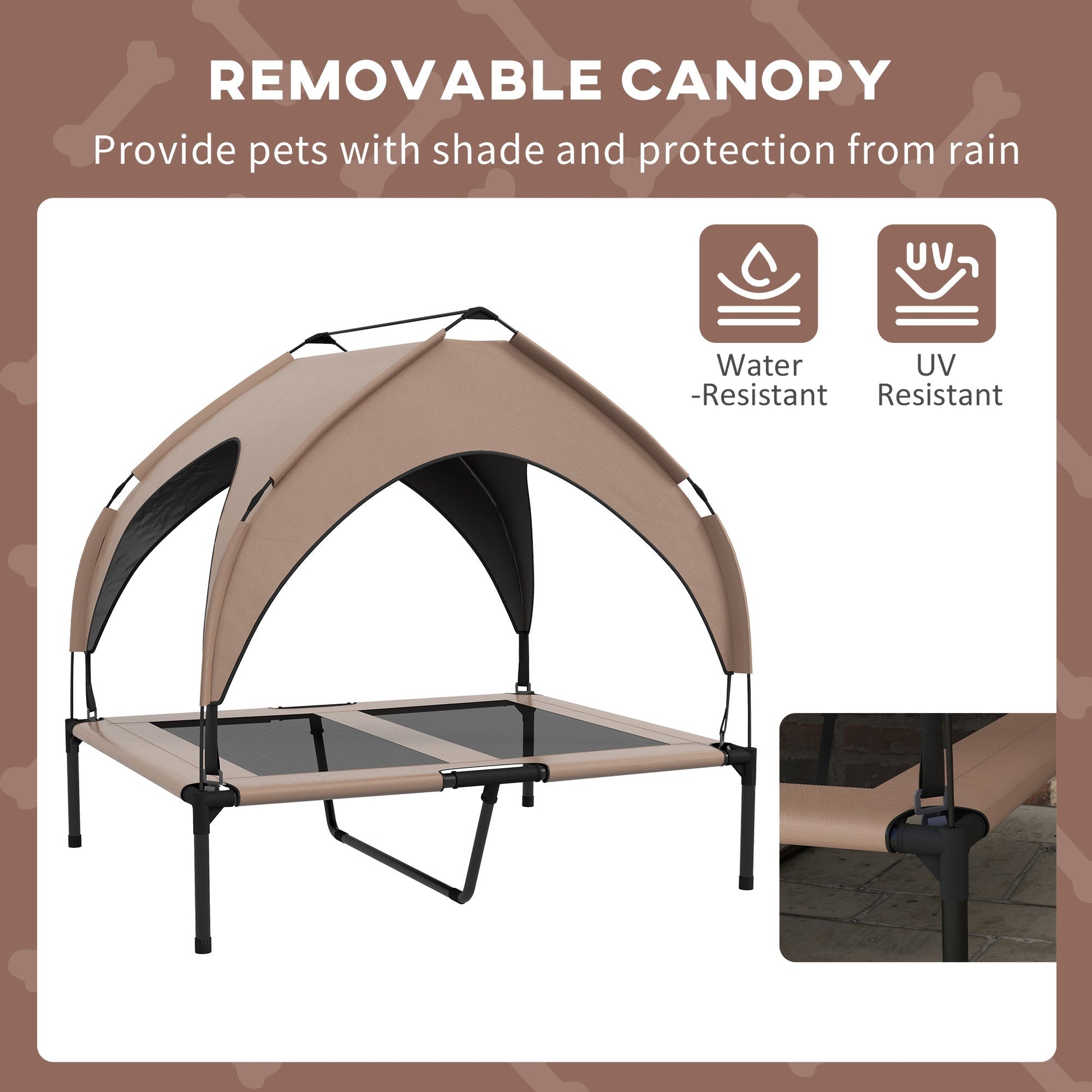 Elevated Dog Bed with Canopy, Cooling Dog Cot Bed for Camping, Portable Raised Pet Cot with Washable Breathable Mesh, for Indoor Outdoor, M & L Dogs, 36" x 30" x 35", Coffee