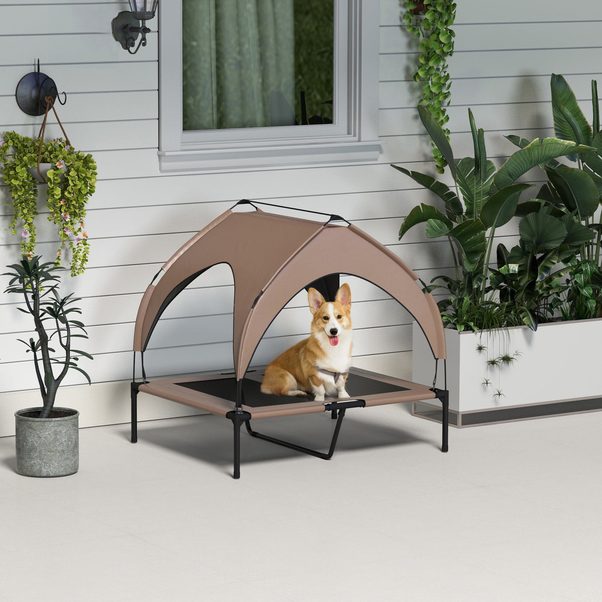 Elevated Dog Bed with Canopy, Cooling Dog Cot Bed for Camping, Portable Raised Pet Cot with Washable Breathable Mesh, for Indoor Outdoor, M & L Dogs, 36" x 30" x 35", Coffee