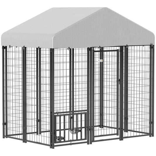 6' x 4' x 6' Outdoor Dog Kennel, Lockable Dog Run Crate with Rotating & Adjustable Bowls, Waterproof UV-Resistant Cover, Welded Wire Steel Fence for Medium Dogs, Silver