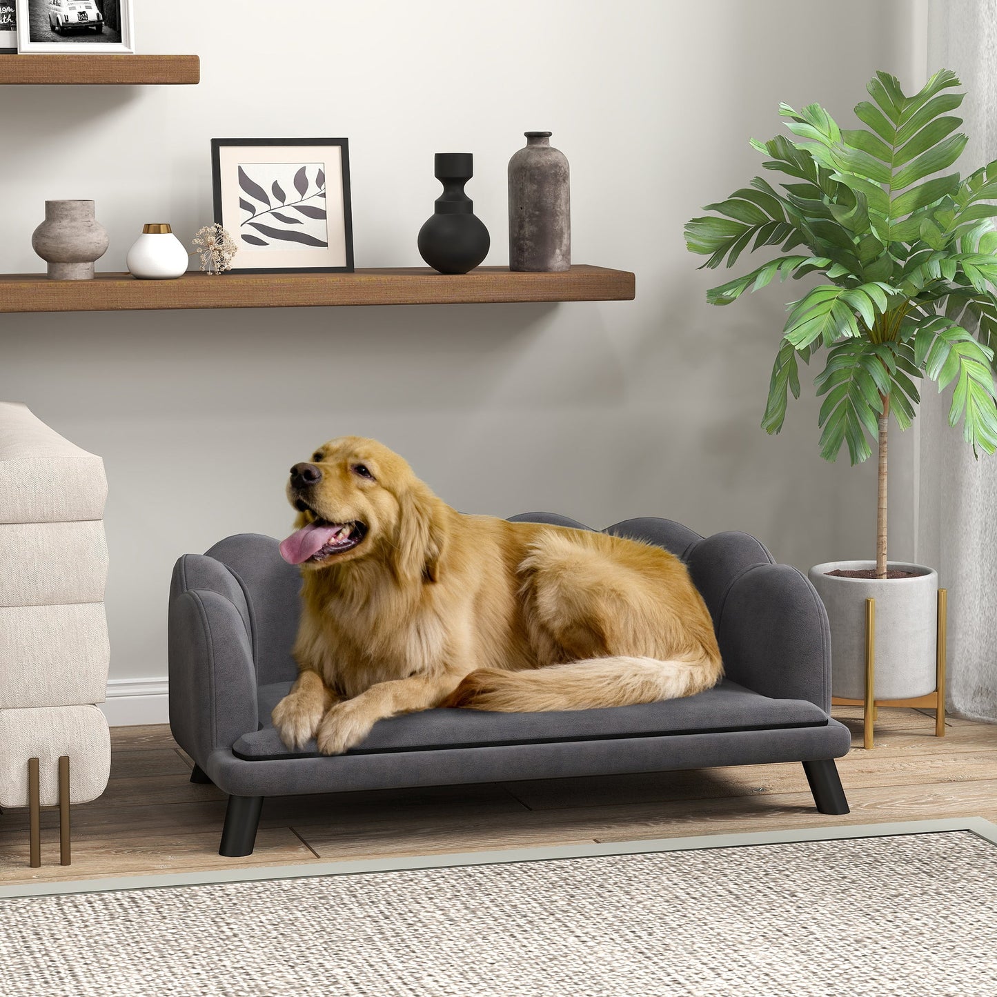 Dog Couch Pet Sofa Cat Bed with Removable Cushion Wood Legs for Medium and Large Dogs, Dark Grey