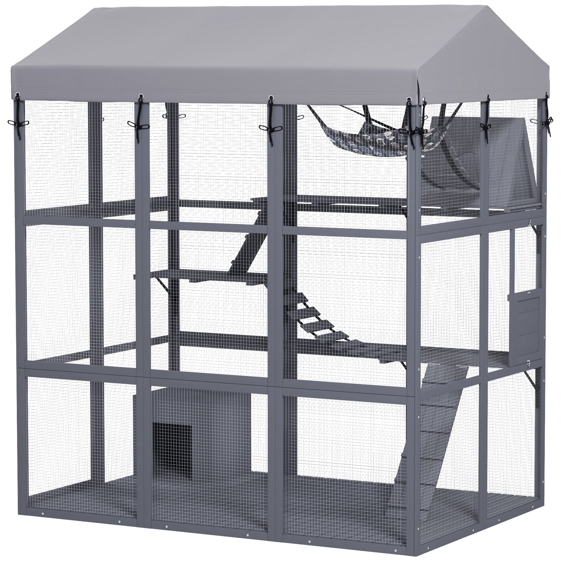 Large Cat House with Anti-Escape Floor, 81" H Wooden Catio Outdoor Cat Enclosure with Waterproof Cover, Walk in Door, Condo, Hammock, Ramp, Bridge, for 2-4 Cats