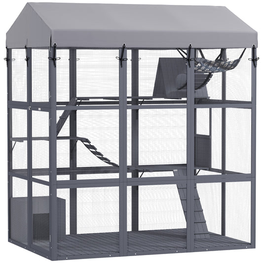 Large Cat House with Anti-Escape Floor, 81" H Wooden Catio Outdoor Cat Enclosure with Waterproof Cover, Walk in Door, Condo, Hammock, Ramp, Bridge, for 2-4 Cats