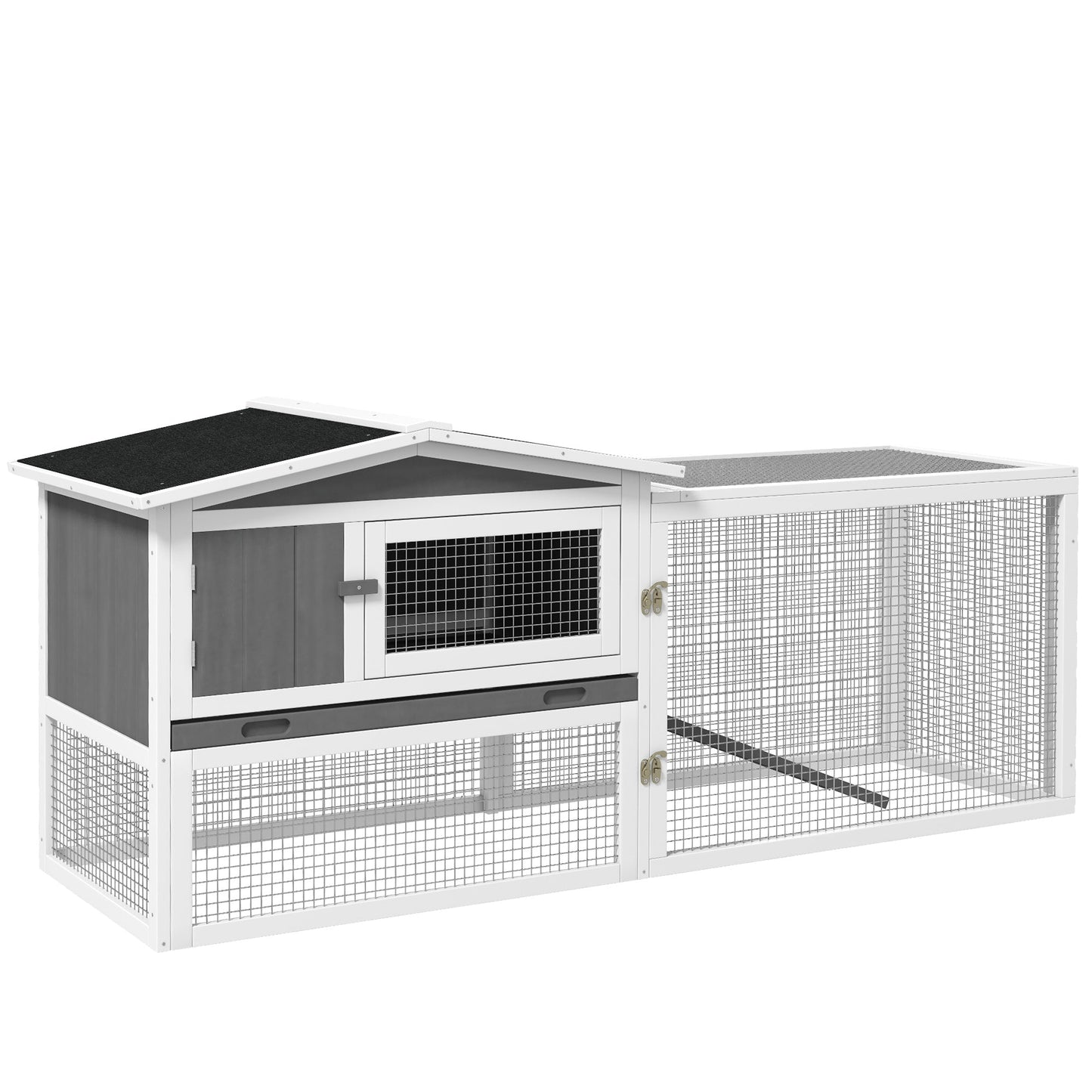 61'' L 2-Story Rabbit Hutch Bunny Cage Small Animal House with Pull Out Tray, Detachable Run, Ramp, for Indoor Outdoor, Light Grey