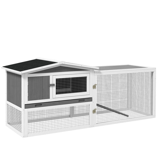 61'' L 2-Story Rabbit Hutch Bunny Cage Small Animal House with Pull Out Tray, Detachable Run, Ramp, for Indoor Outdoor, Light Grey