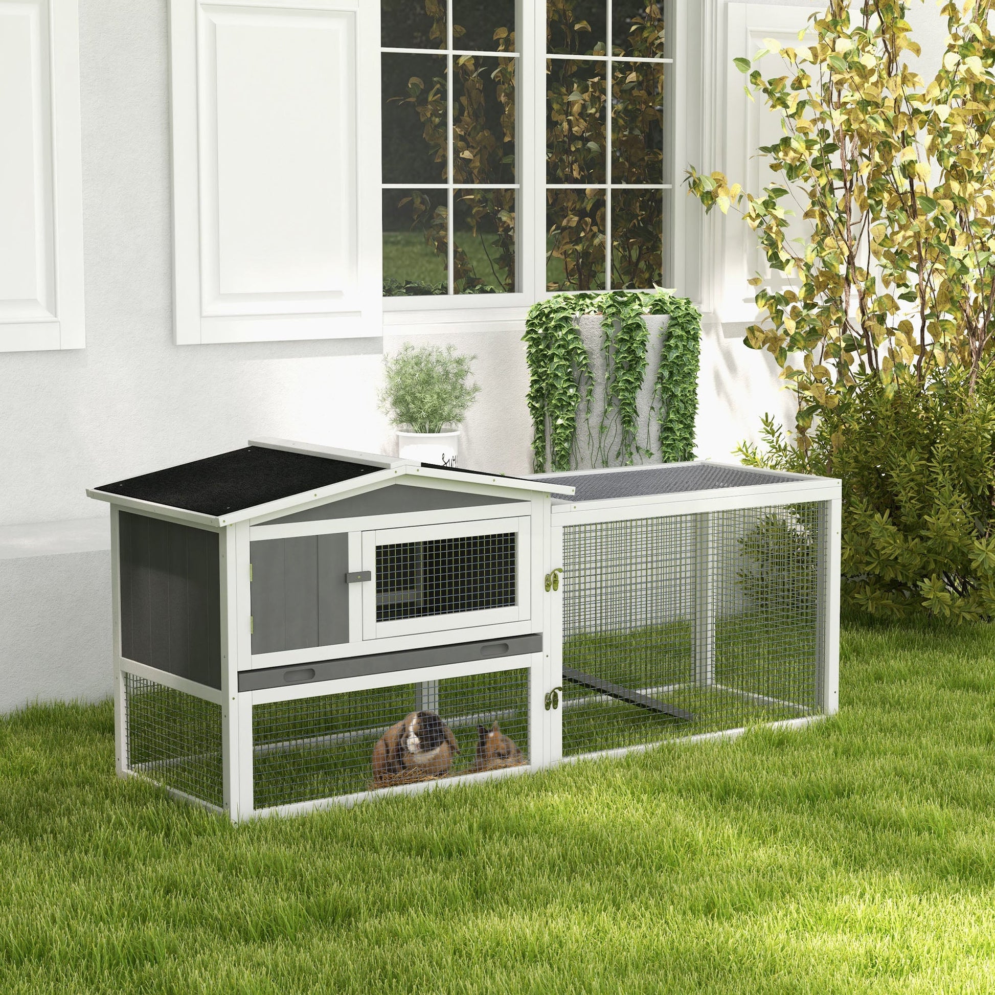 61'' L 2-Story Rabbit Hutch Bunny Cage Small Animal House with Pull Out Tray, Detachable Run, Ramp, for Indoor Outdoor, Light Grey