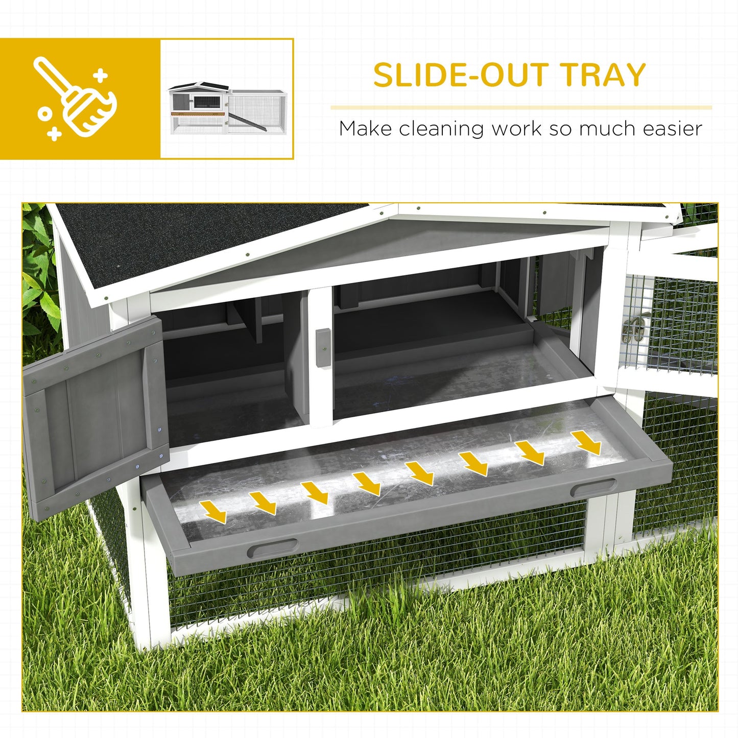 61'' L 2-Story Rabbit Hutch Bunny Cage Small Animal House with Pull Out Tray, Detachable Run, Ramp, for Indoor Outdoor, Light Grey