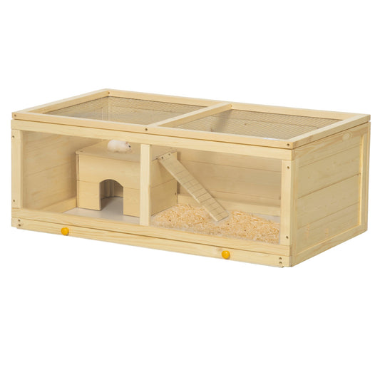 Wooden Hamster Cage, Small Animals Kit Hutch, Exercise Play House for Dwarf Hamsters, Gerbils, Chinchillas, Guinea Pigs, Bunnies, with Sliding Tray, Natural Wood
