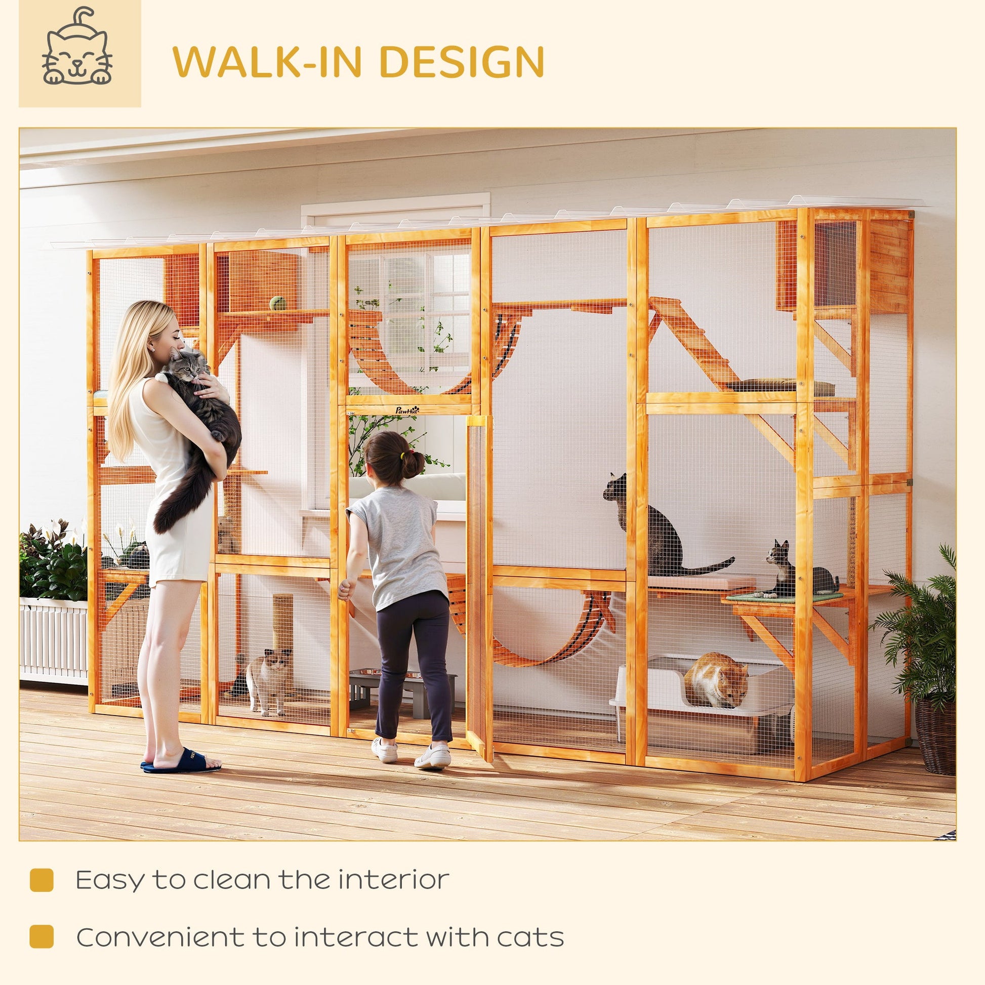 Catio, Large Outdoor Cat Enclosure with Cat Condos, Platforms, Ladders, Doors, Weather-Resistant Roof, Wooden Cat Cage for 1-4 Cats, Orange