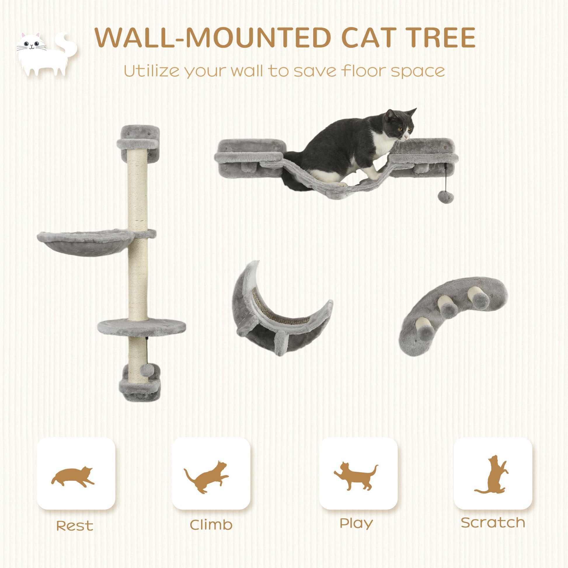 4Pcs Cat Wall Shelf with Scratching Post, Cat Wall Shelves for Relaxing, Climbing, Cat Wall With Soft Ladder, Hammock, Play Balls, Grey