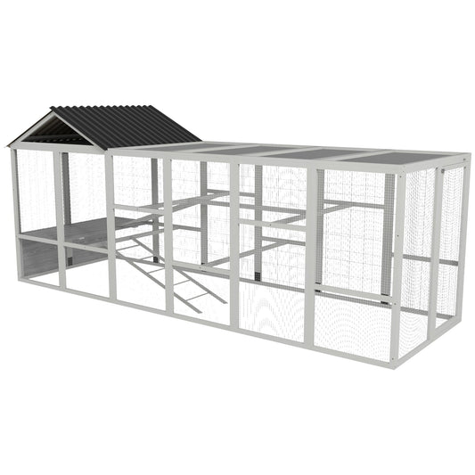 Outdoor Wooden Chicken Coop with Run, Ramps, Perches, Storage, Backyard Hen House with Combinable Design for 6 - 10 Chickens, 142" x 48" x 61", Grey