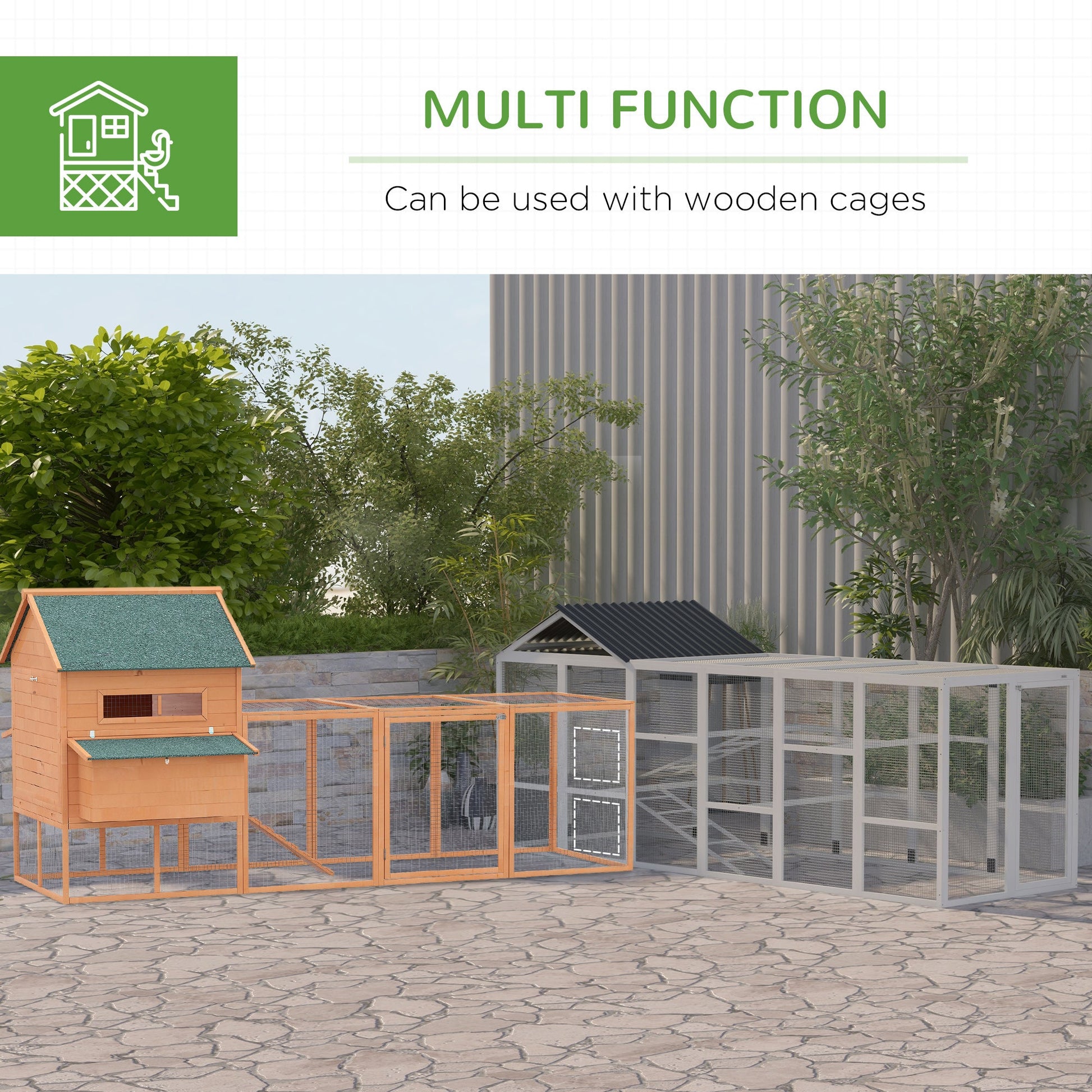 Outdoor Wooden Chicken Coop with Run, Ramps, Perches, Storage, Backyard Hen House with Combinable Design for 6 - 10 Chickens, 142" x 48" x 61", Grey