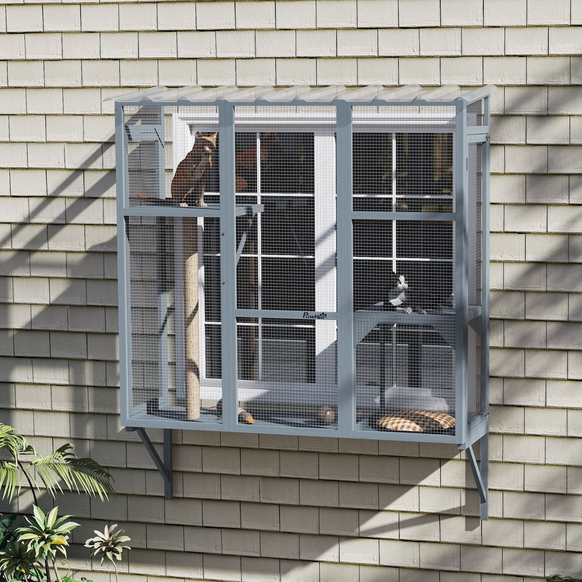 Catio Outdoor Cat Enclosure, Cat Window Box for 2-3 Cats with 2 Jumping Platforms & Scratching Post, Expendable Secure Window Perch House for Large Indoor Cats, Grey