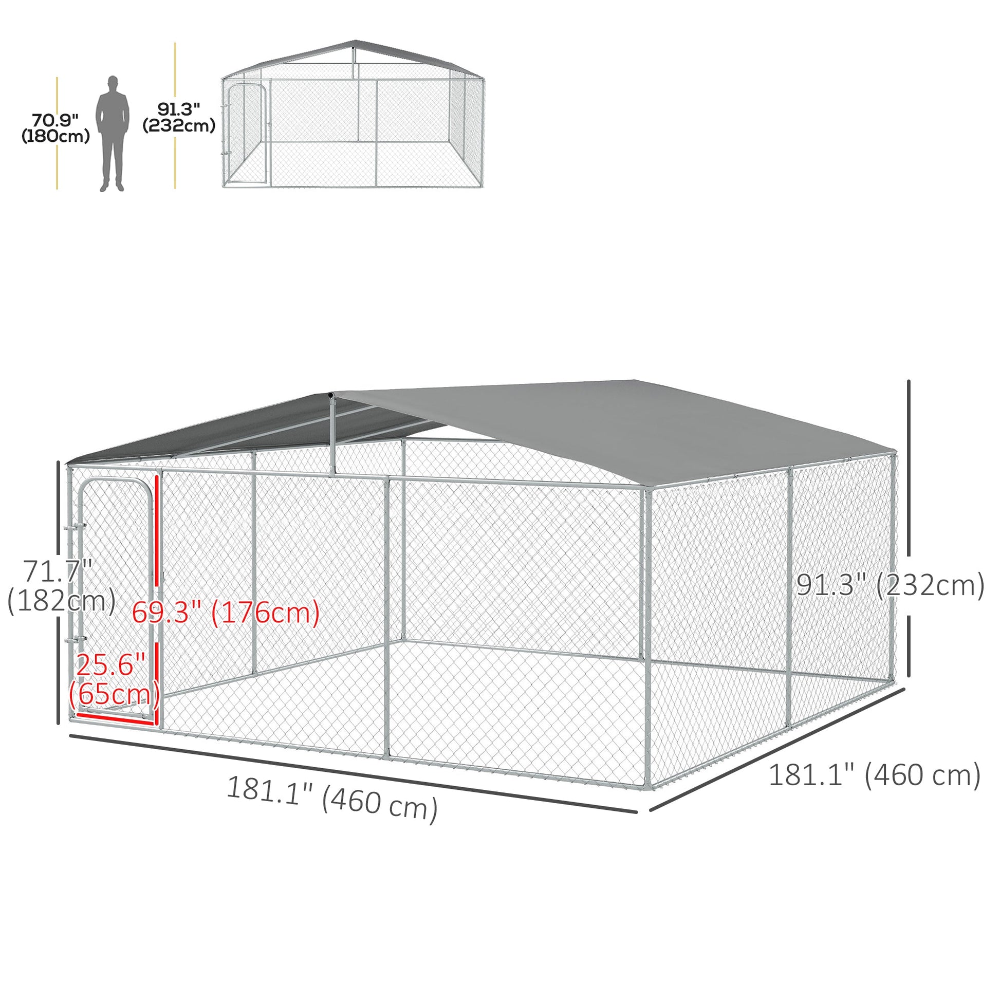 Dog Kennel Outdoor Run Fence with Roof, Steel Lock, Mesh Sidewalls for Backyard & Patio, 15.1' x 15.1' x 7.5'