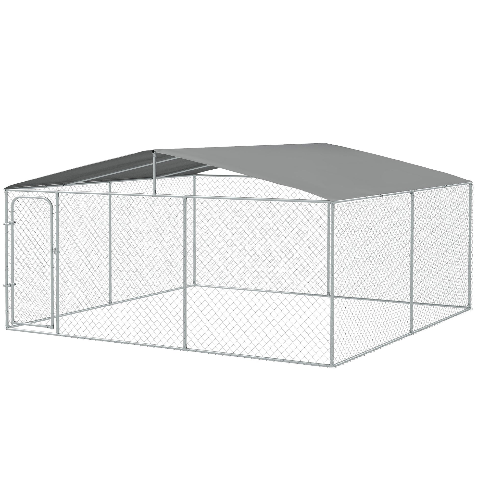 Dog Kennel Outdoor Run Fence with Roof, Steel Lock, Mesh Sidewalls for Backyard & Patio, 15.1' x 15.1' x 7.5'