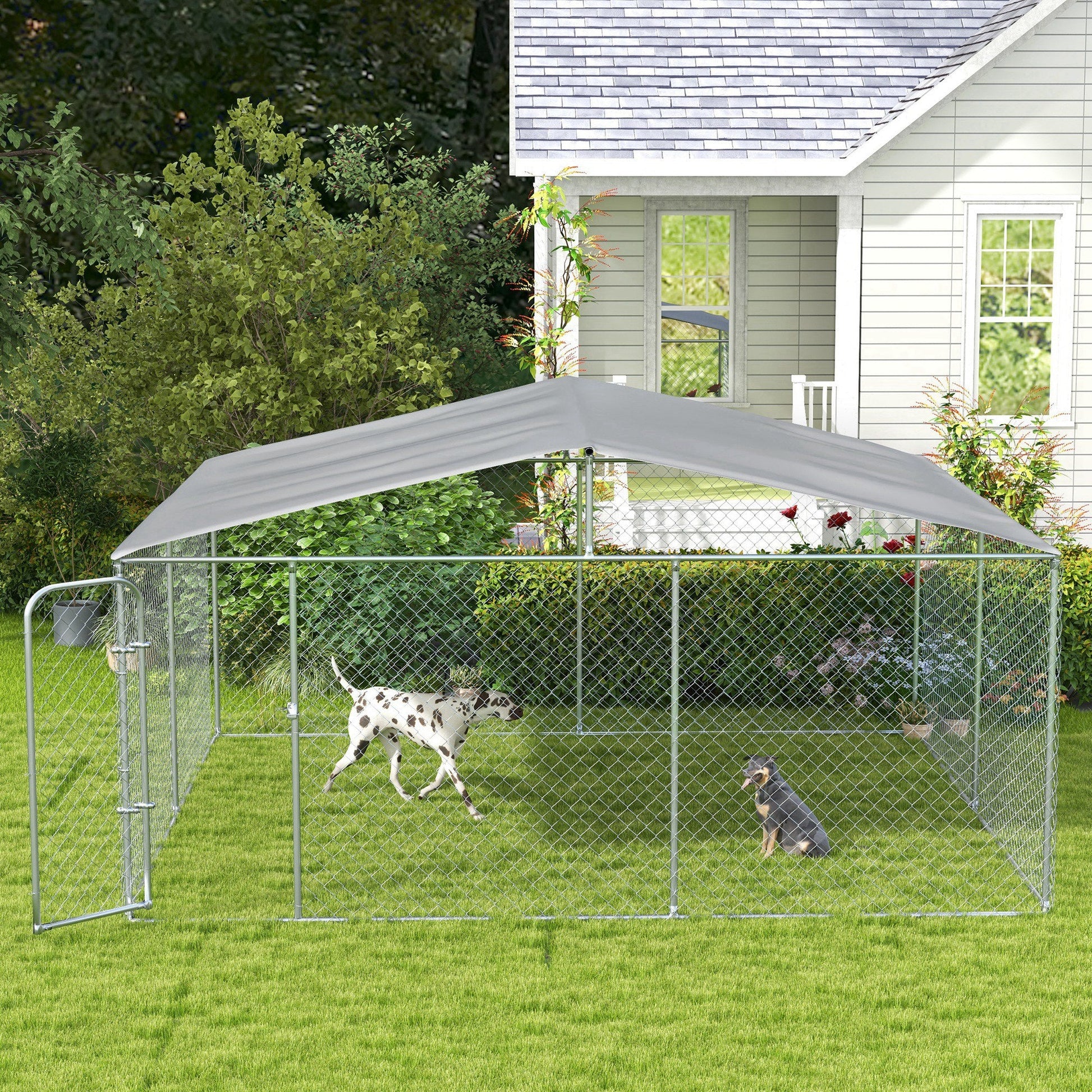 Dog Kennel Outdoor Run Fence with Roof, Steel Lock, Mesh Sidewalls for Backyard & Patio, 15.1' x 15.1' x 7.5'
