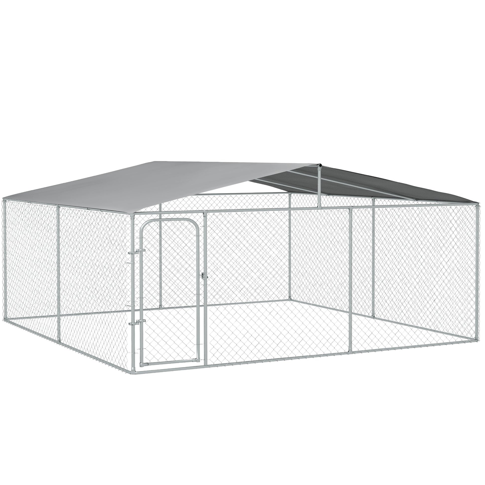 Dog Kennel Outdoor Run Fence with Roof, Steel Lock, Mesh Sidewalls for Backyard & Patio, 15.1' x 15.1' x 7.5'