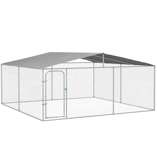 Dog Kennel Outdoor Run Fence with Roof, Steel Lock, Mesh Sidewalls for Backyard & Patio, 15.1' x 15.1' x 7.5'