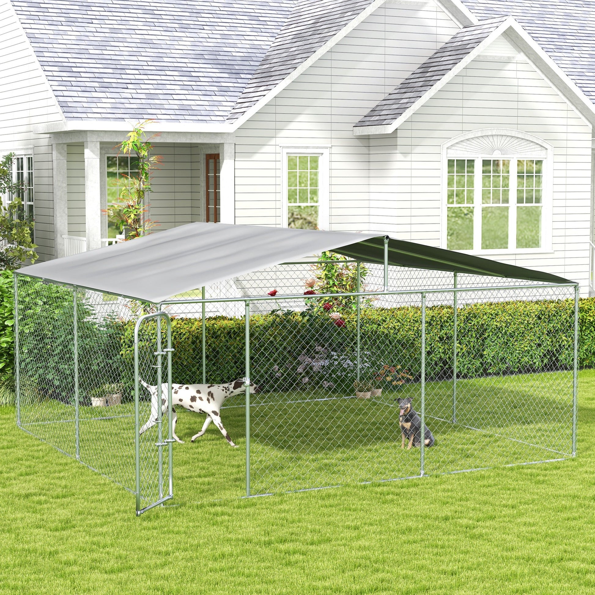 Dog Kennel Outdoor Run Fence with Roof, Steel Lock, Mesh Sidewalls for Backyard & Patio, 15.1' x 15.1' x 7.5'
