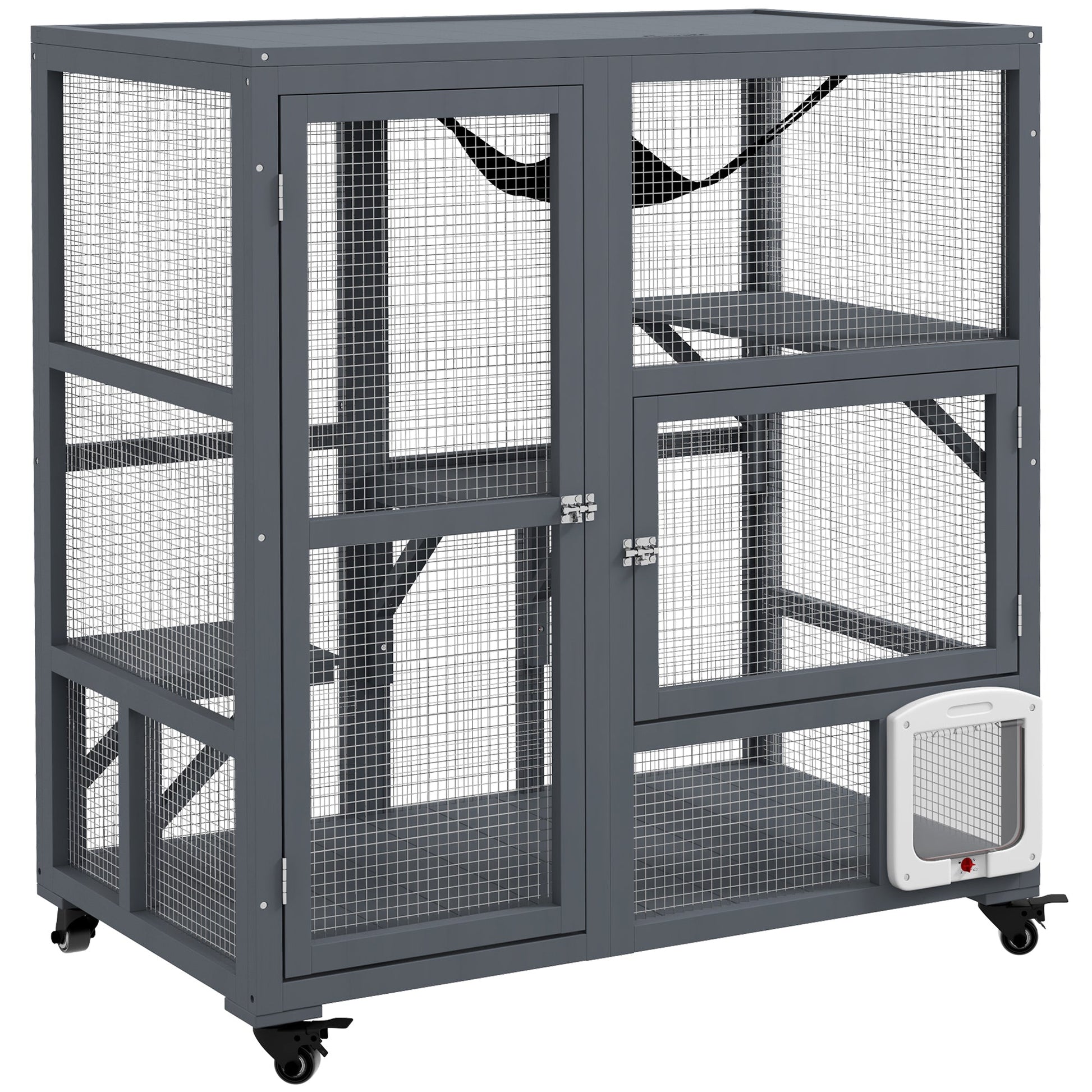 Wooden Cat House for Indoor 3 Levels Cat Condo Villa on Wheels with Flap Door Platforms Hammock Openable Top for 2 Kittens, Light Grey