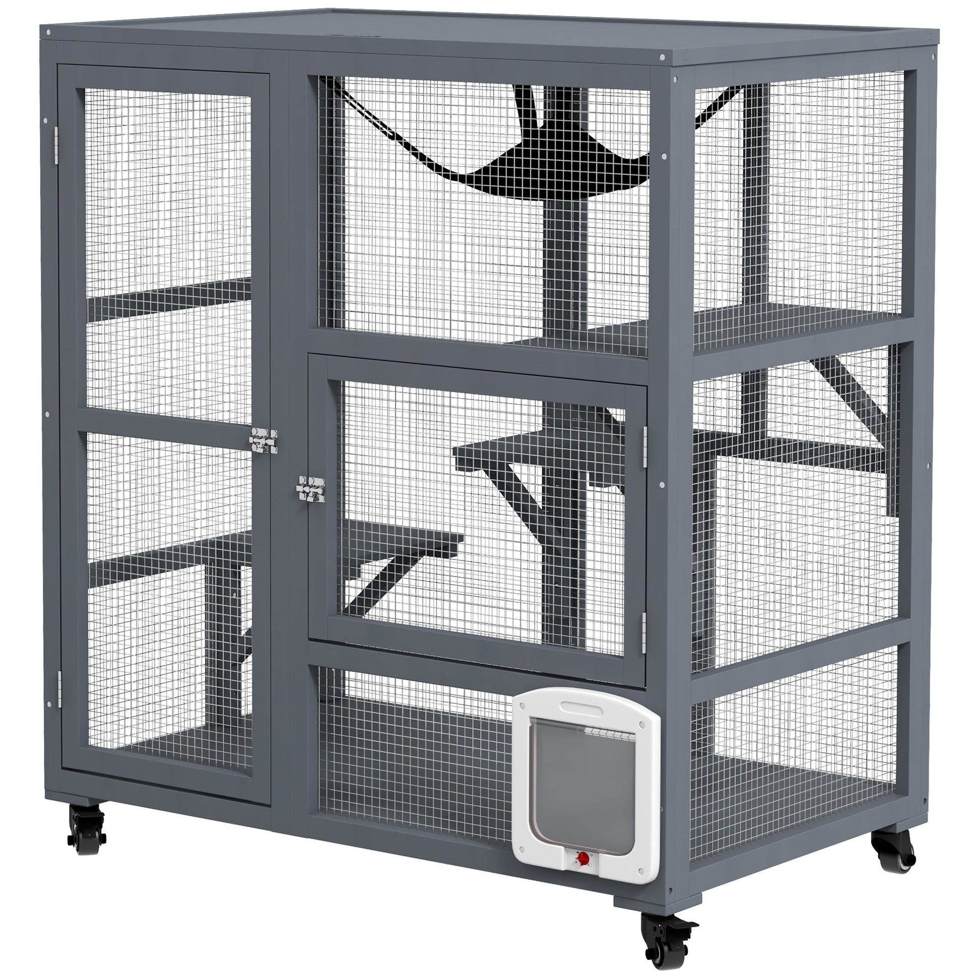 Wooden Cat House for Indoor 3 Levels Cat Condo Villa on Wheels with Flap Door Platforms Hammock Openable Top for 2 Kittens, Light Grey