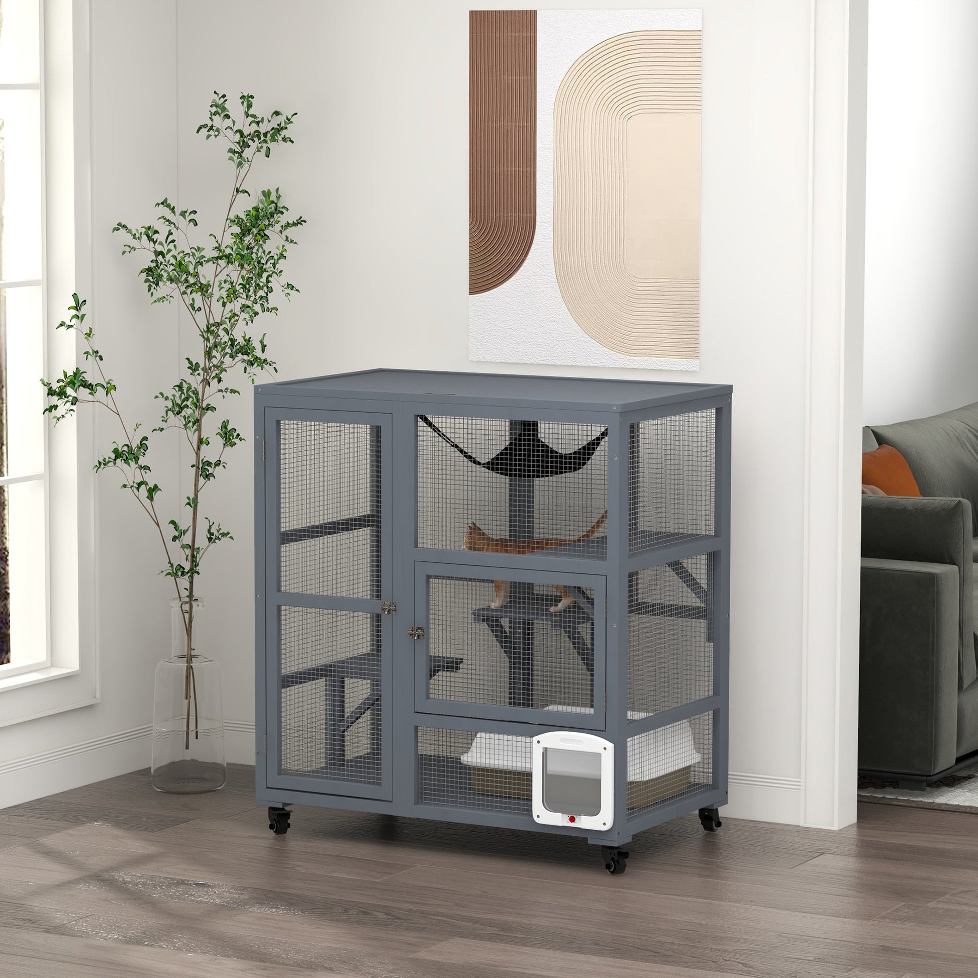 Wooden Cat House for Indoor 3 Levels Cat Condo Villa on Wheels with Flap Door Platforms Hammock Openable Top for 2 Kittens, Light Grey