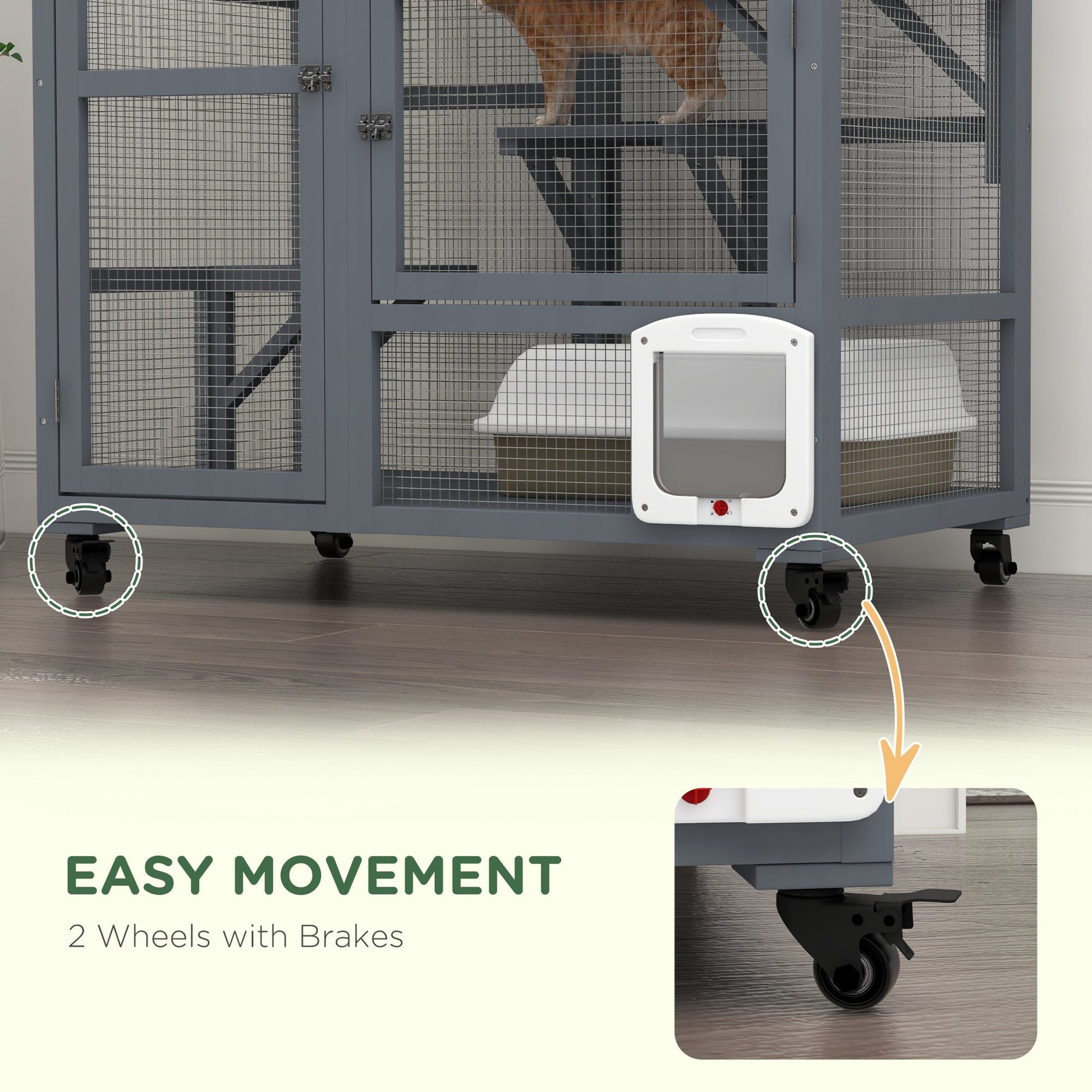 Wooden Cat House for Indoor 3 Levels Cat Condo Villa on Wheels with Flap Door Platforms Hammock Openable Top for 2 Kittens, Light Grey