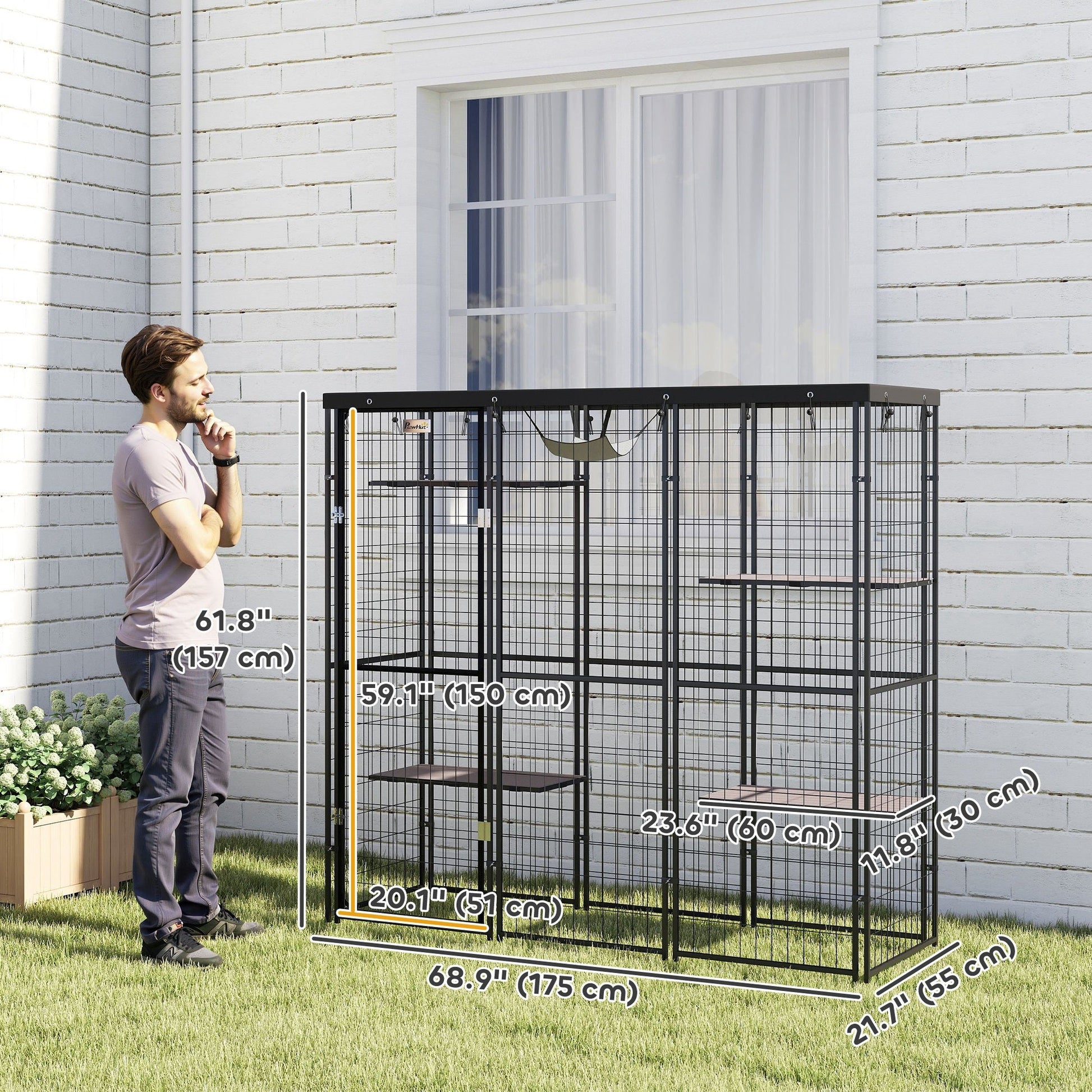 Catio Outdoor Cat Enclosure, Weld Wire Outdoor Cat House with Waterproof Cover, 4 Jumping Platforms, Hammock, Cat Cage Indoor for 1-3 Kittens, 69" x 22" x 62", Black