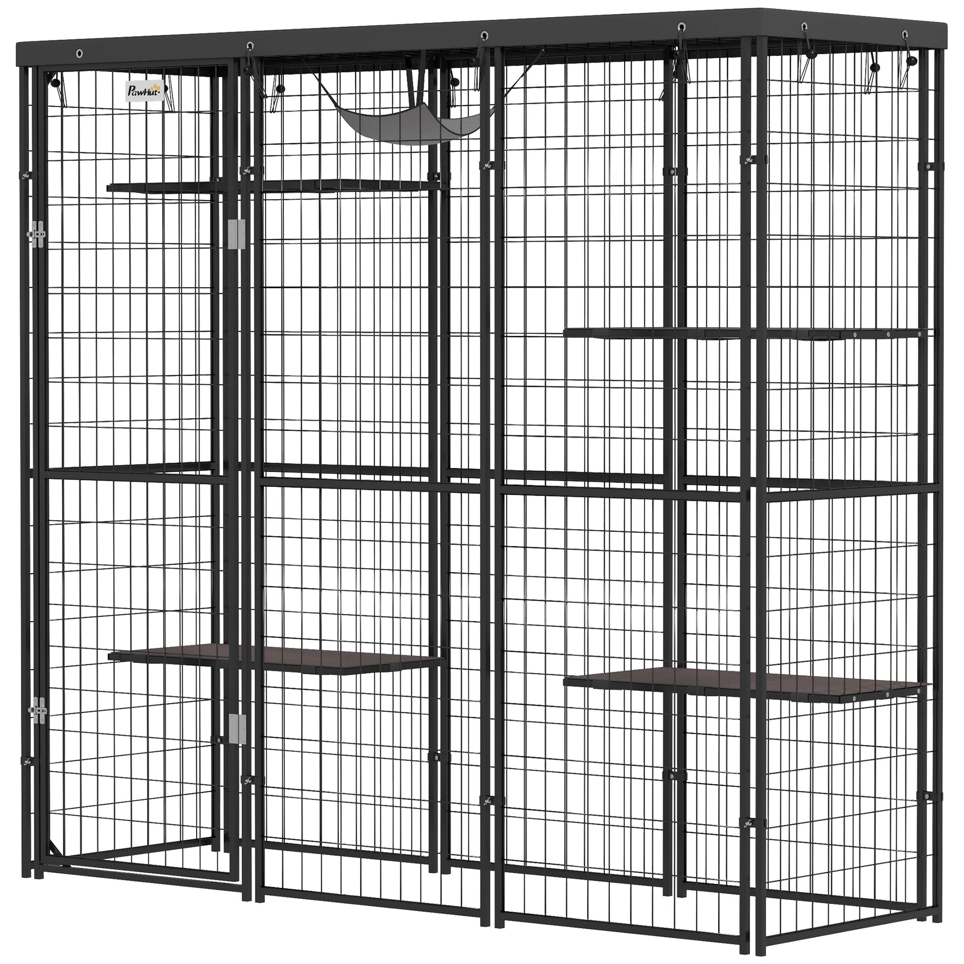 Catio Outdoor Cat Enclosure, Weld Wire Outdoor Cat House with Waterproof Cover, 4 Jumping Platforms, Hammock, Cat Cage Indoor for 1-3 Kittens, 69" x 22" x 62", Black