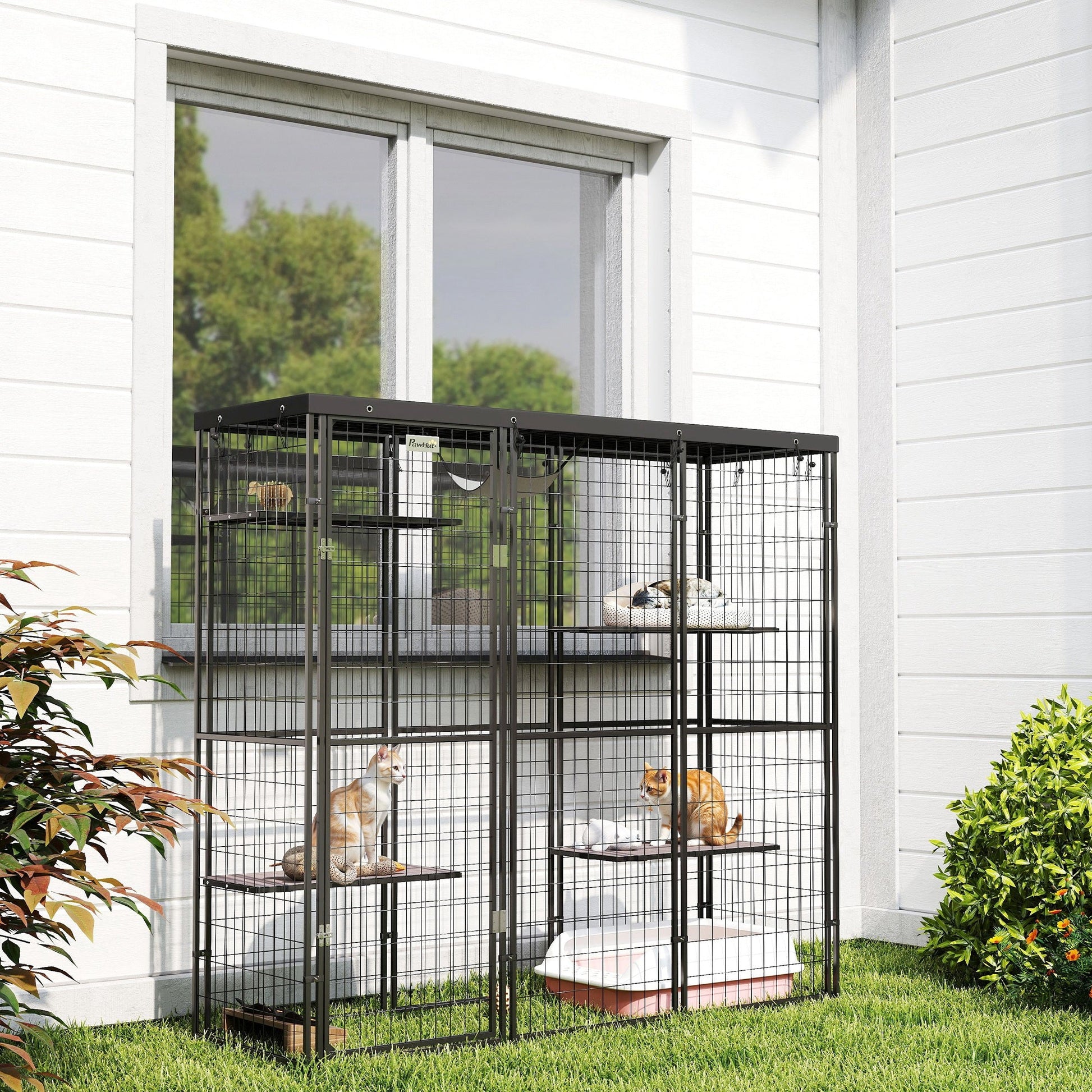 Catio Outdoor Cat Enclosure, Weld Wire Outdoor Cat House with Waterproof Cover, 4 Jumping Platforms, Hammock, Cat Cage Indoor for 1-3 Kittens, 69" x 22" x 62", Black