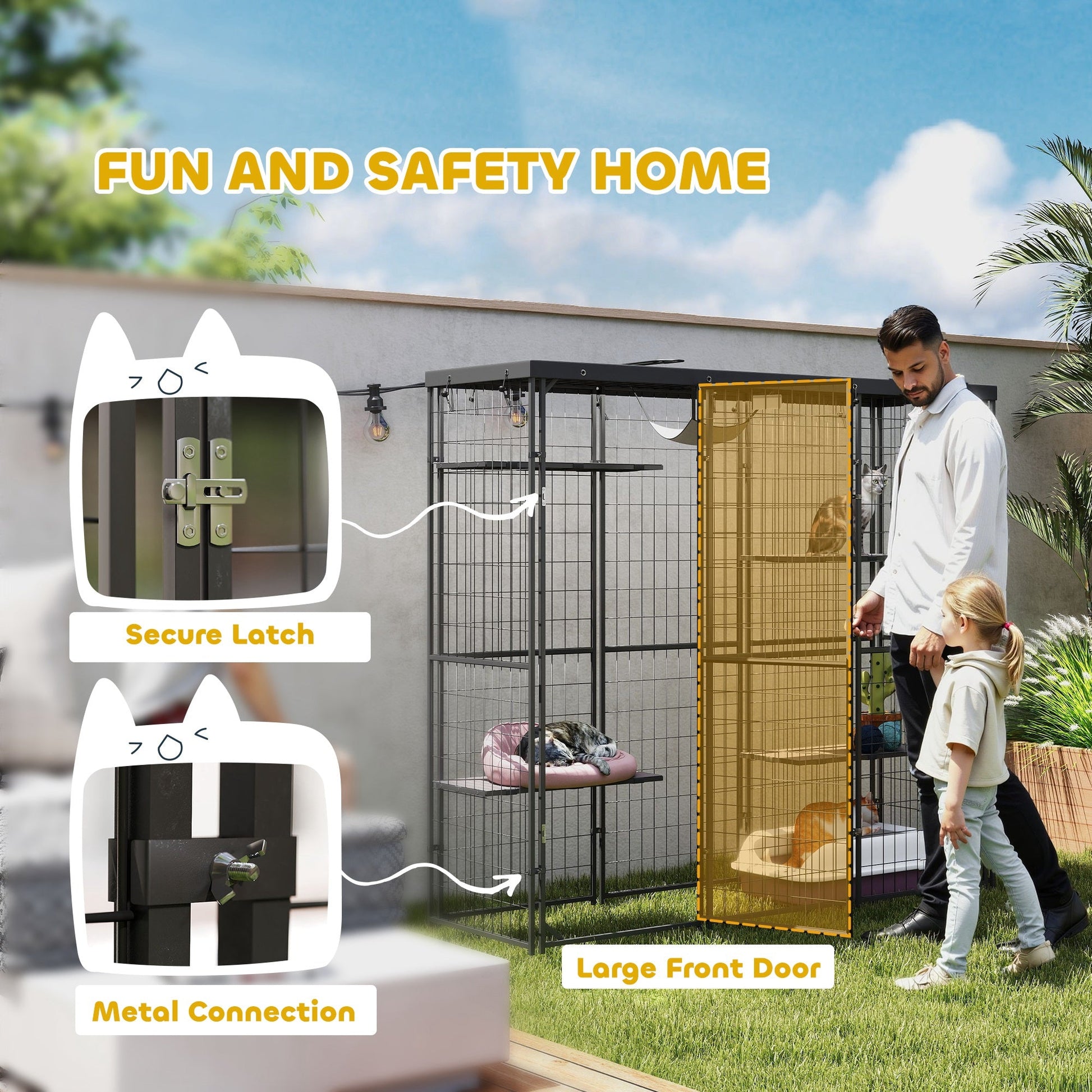 Catio Outdoor Cat Enclosure, Weld Wire Outdoor Cat House with Waterproof Cover, 4 Jumping Platforms, Hammock, Cat Cage Indoor for 1-3 Kittens, 69" x 22" x 62", Black